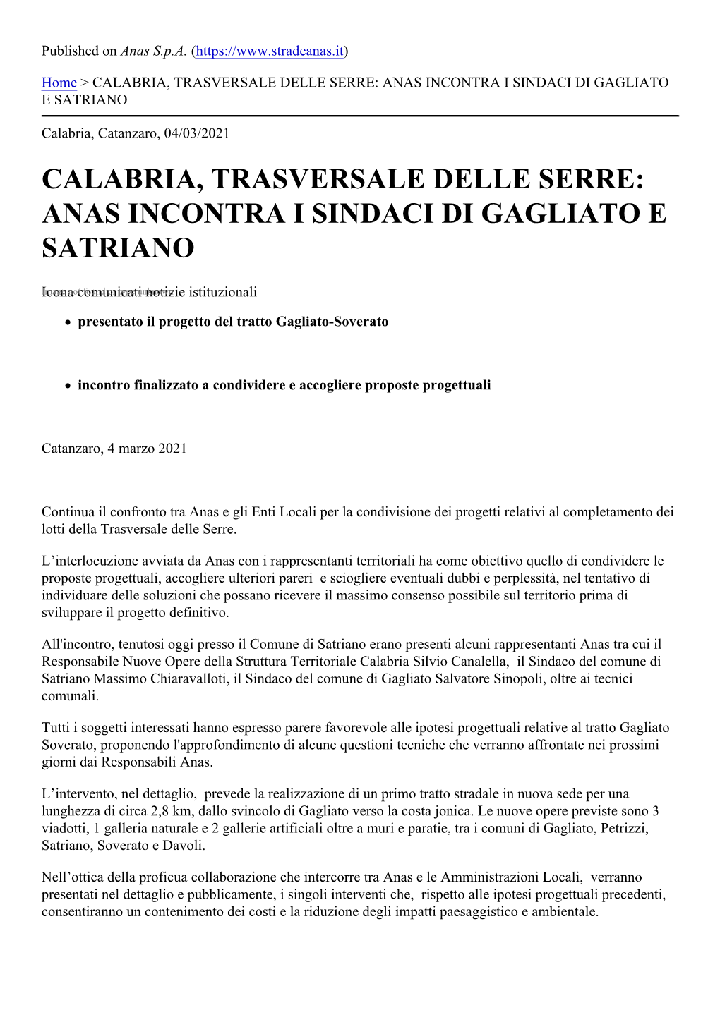 Calabria, Trasversale Delle Serre: Anas Incontra I Sindaci Di Gagliato E Satriano