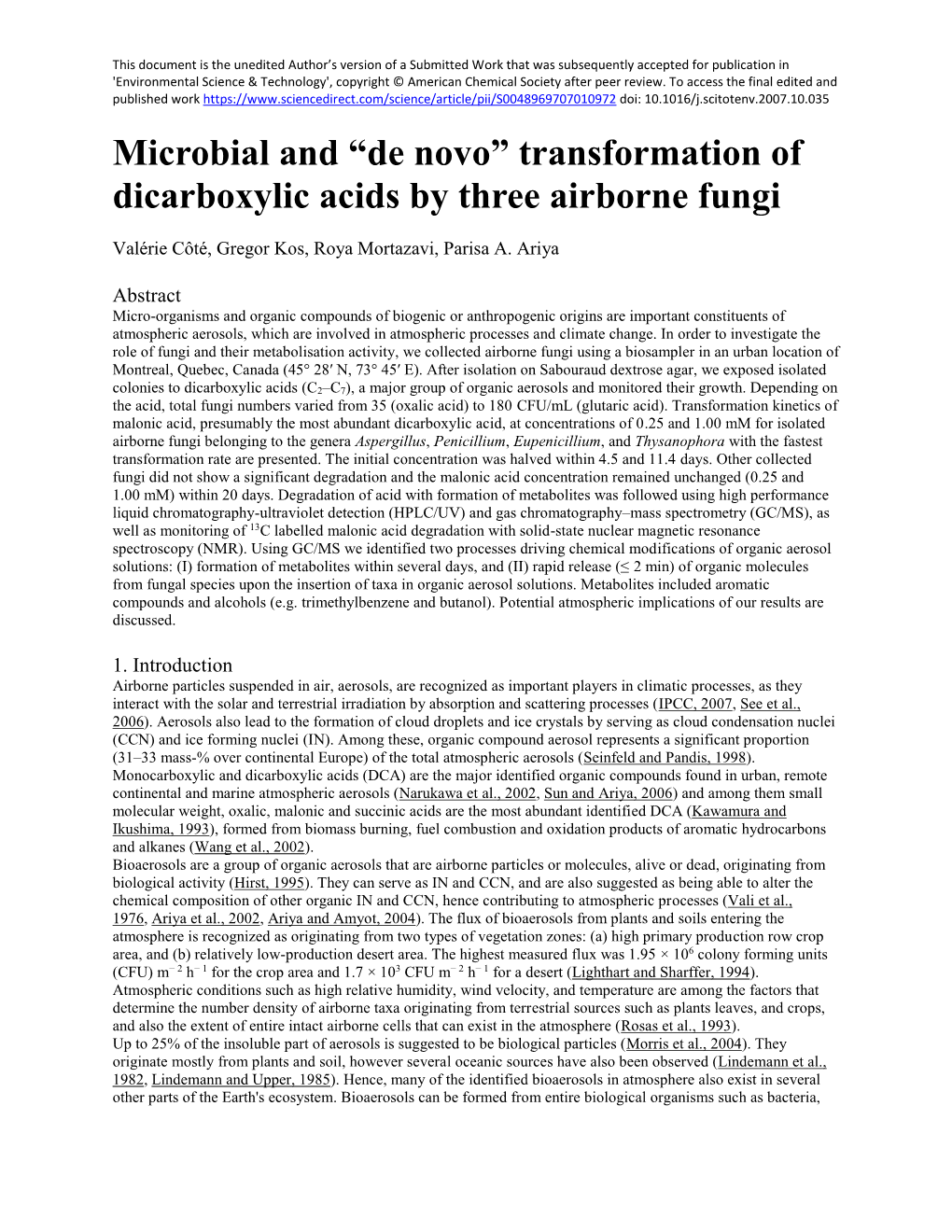 Transformation of Dicarboxylic Acids by Three Airborne Fungi