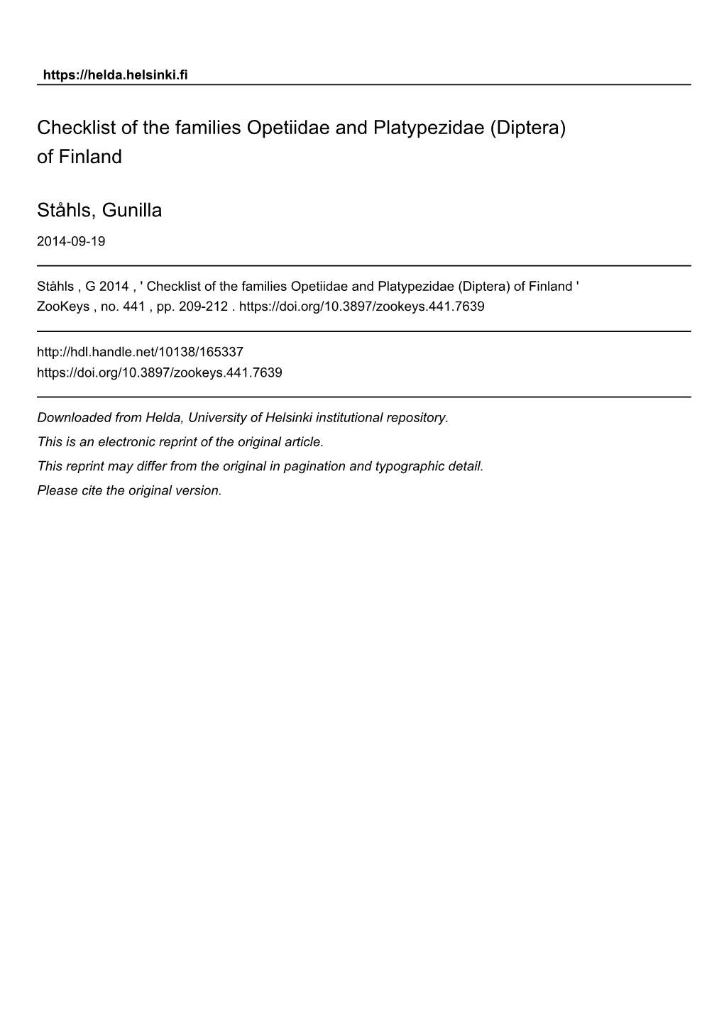 Checklist of the Families Opetiidae and Platypezidae (Diptera) of Finland