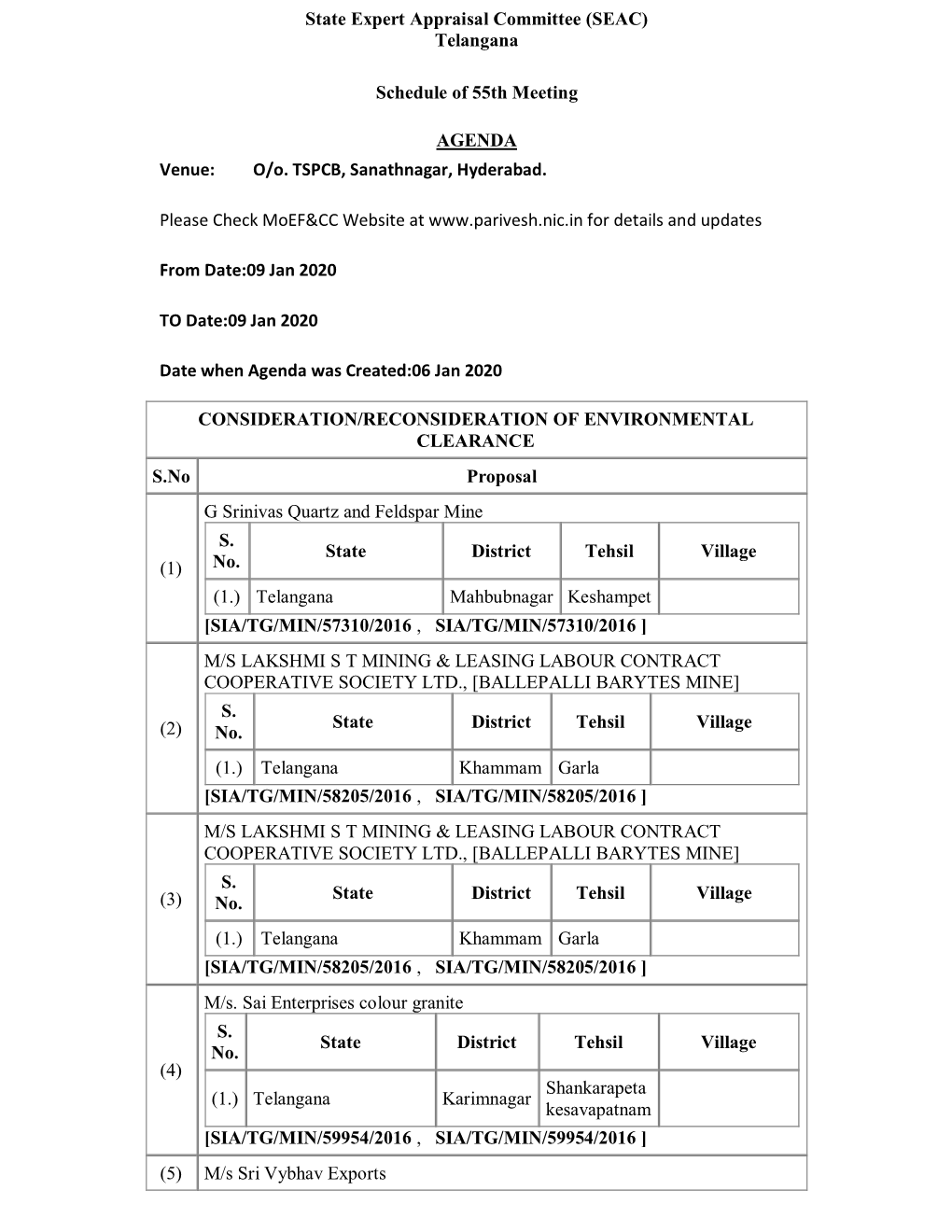 State Expert Appraisal Committee (SEAC) Telangana Schedule Of