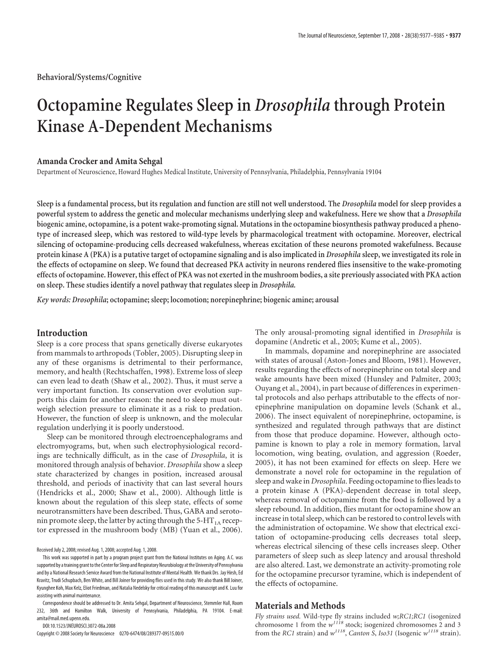 Octopamine Regulates Sleep Indrosophilathrough Protein Kinase A-Dependent Mechanisms