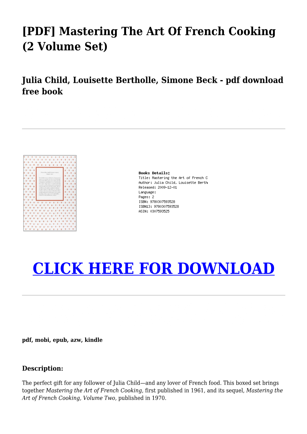 Julia Child, Louisette Bertholle, Simone Beck - Pdf Download Free Book