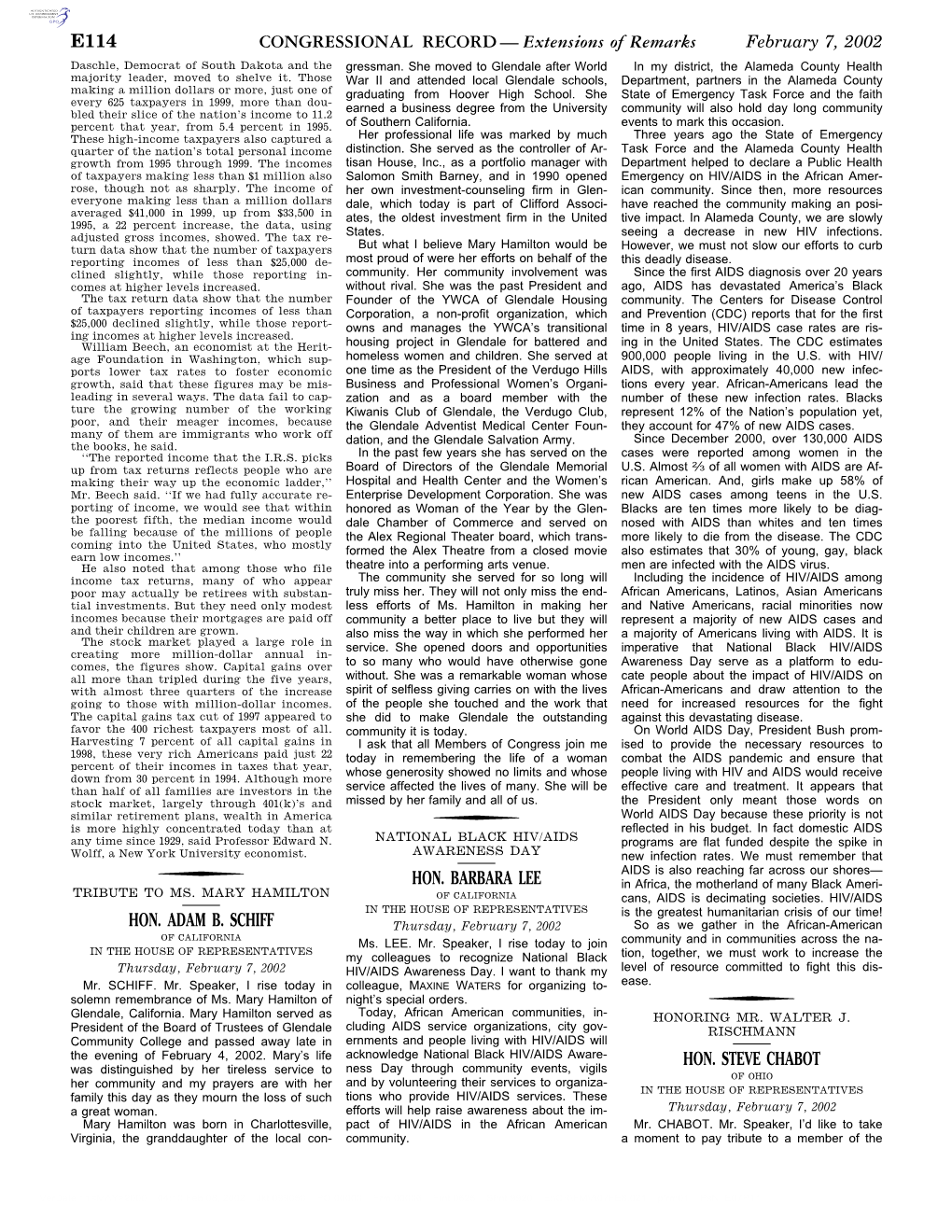 CONGRESSIONAL RECORD— Extensions of Remarks E114 HON. ADAM B. SCHIFF HON. BARBARA LEE HON. STEVE CHABOT