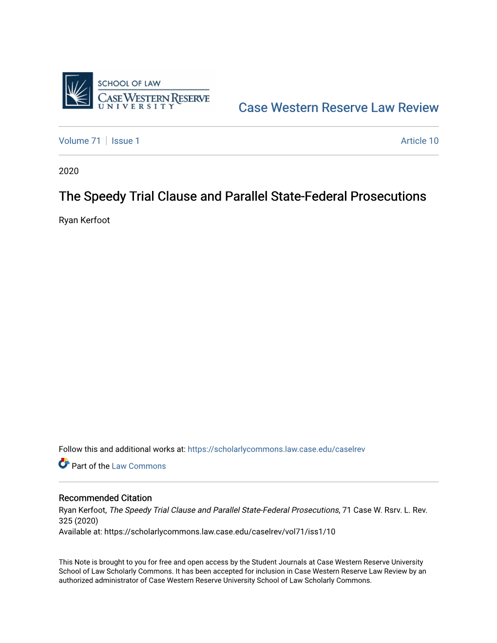 The Speedy Trial Clause and Parallel State-Federal Prosecutions