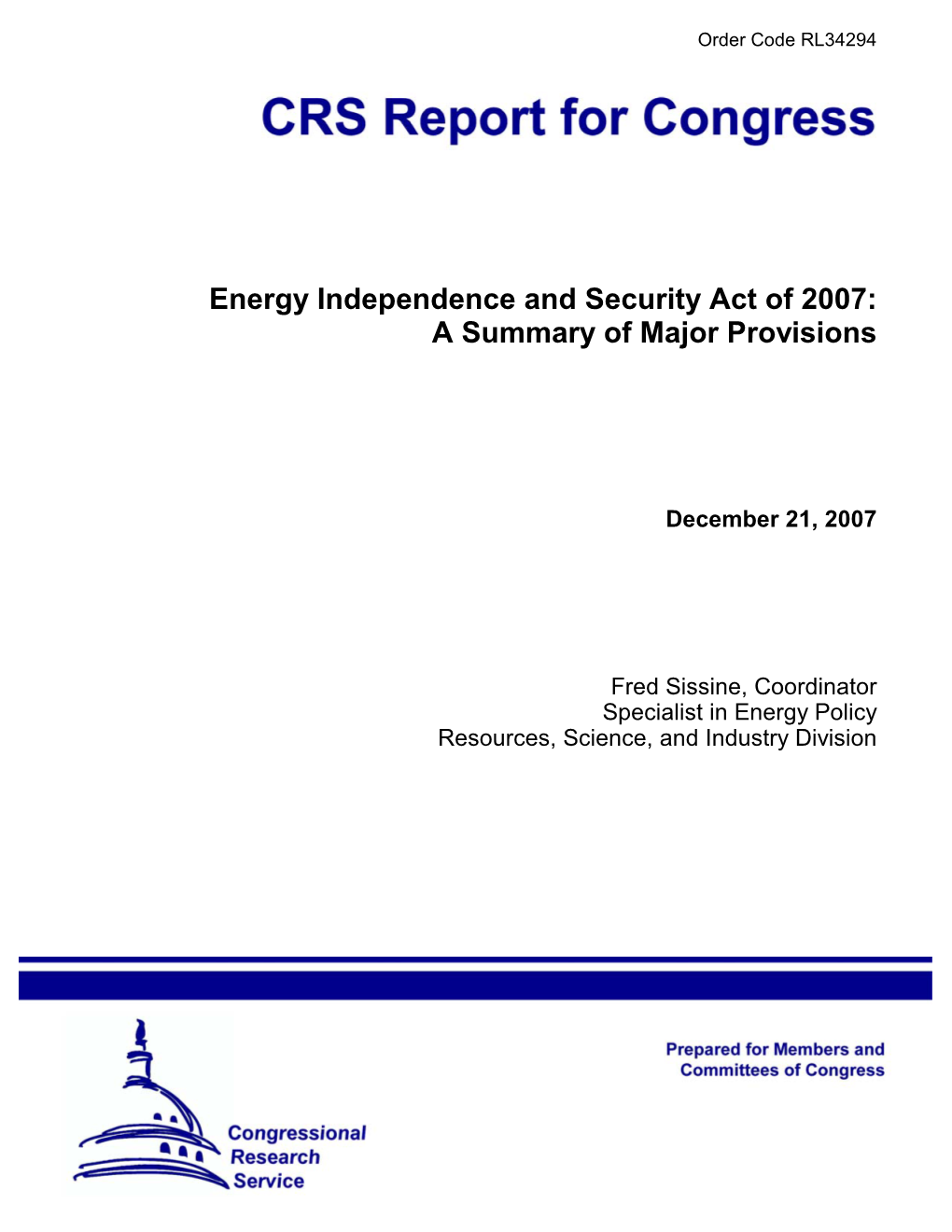 Energy Independence and Security Act of 2007: a Summary of Major Provisions