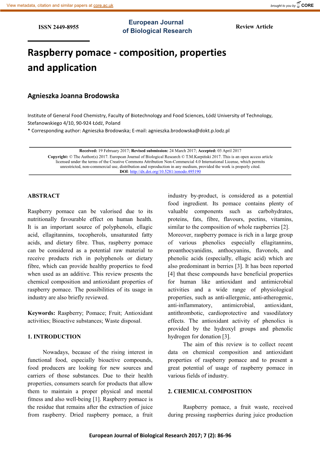 Raspberry Pomace - Composition, Properties and Application