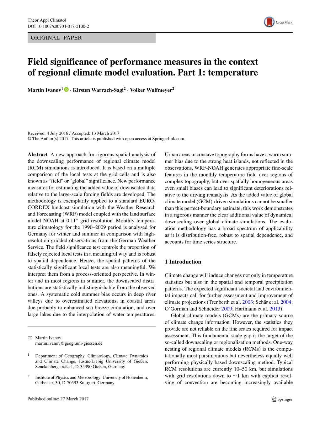 Field Significance of Performance Measures in the Context of Regional Climate Model Evaluation