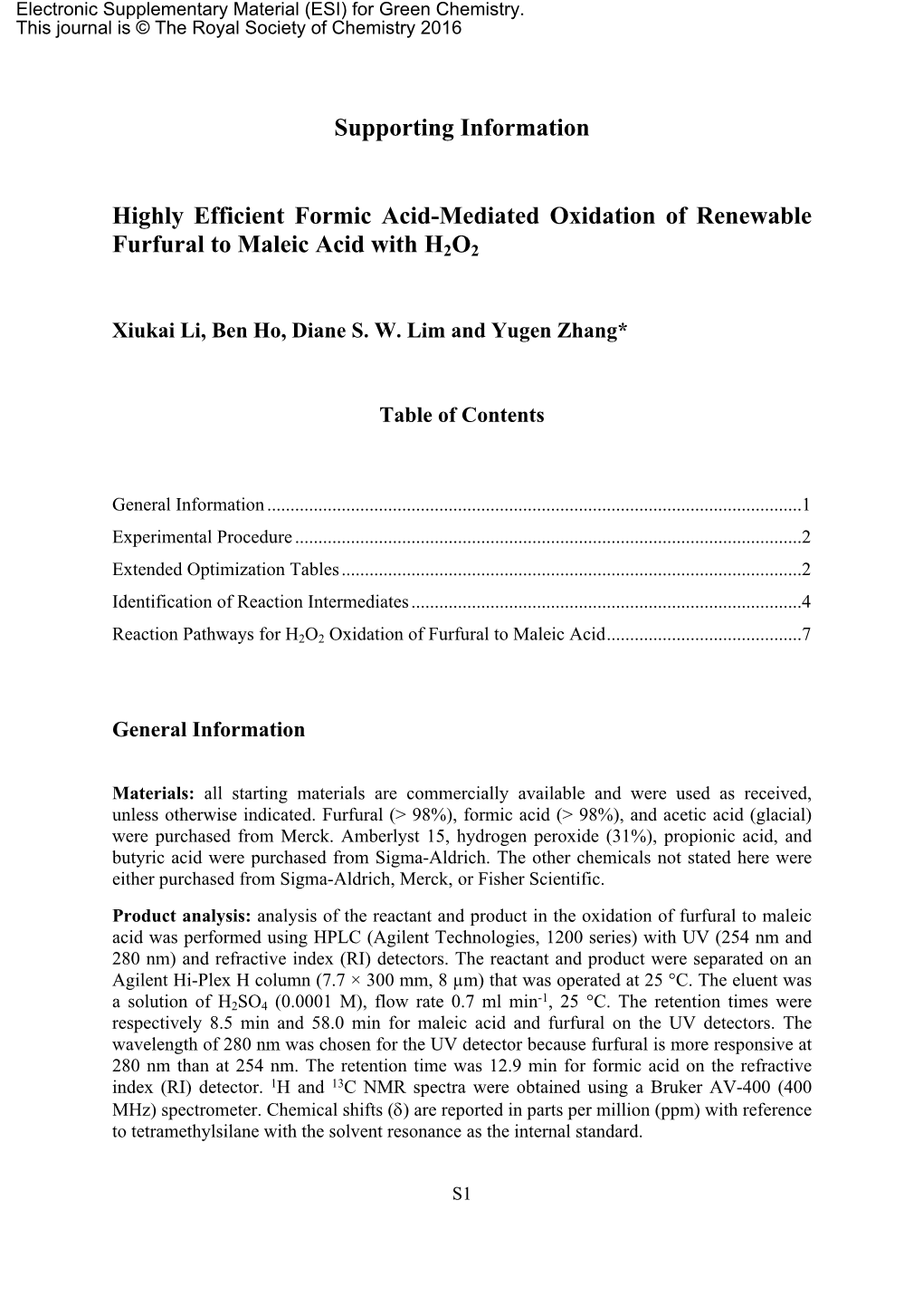 Supporting Information Highly Efficient Formic Acid-Mediated Oxidation Of