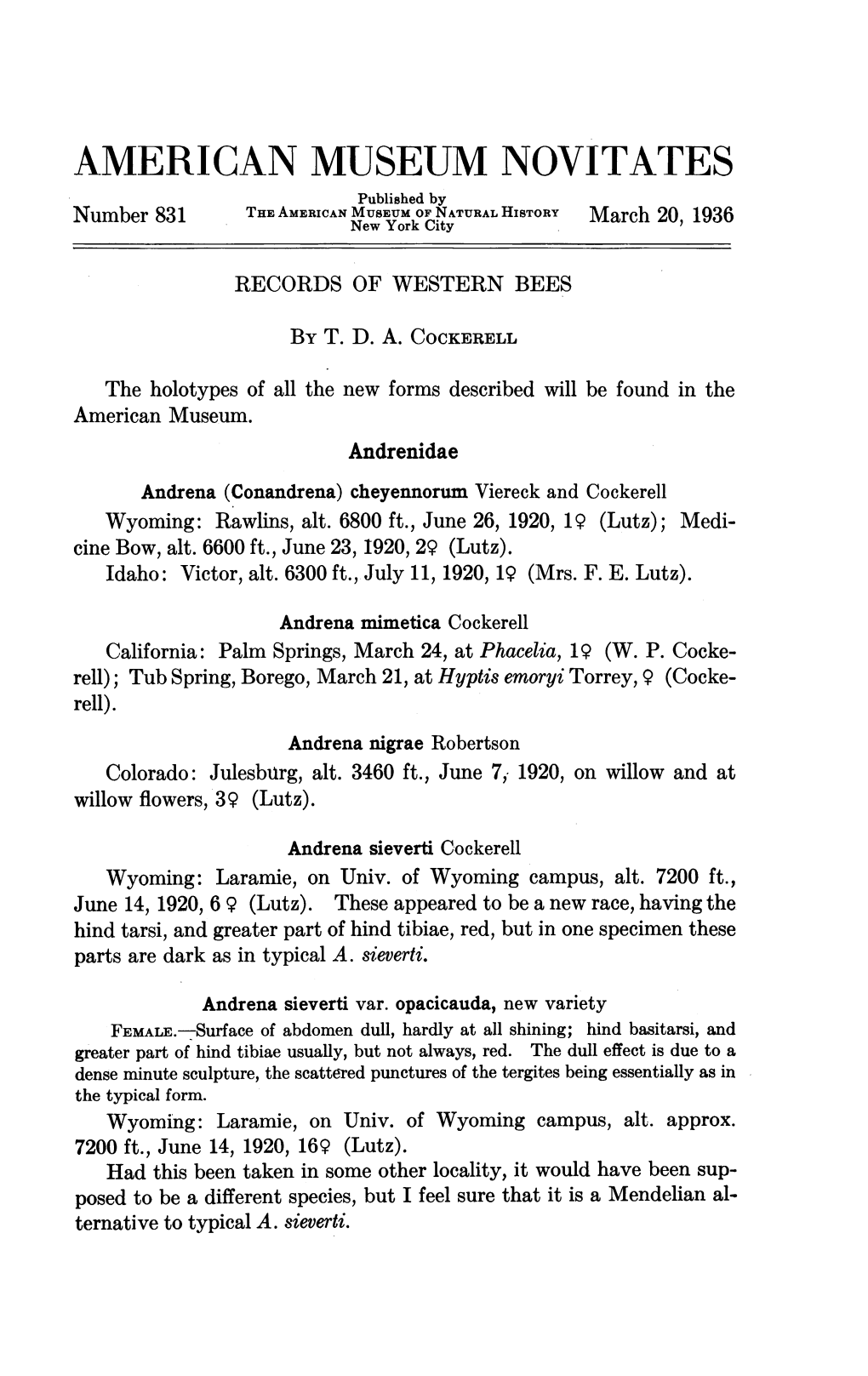 AMERICAN MUSEUM NOVITATES Published by of Number 831 the AMERICAN Newmuseumyork Citynatural HISTORY March 20, 1936