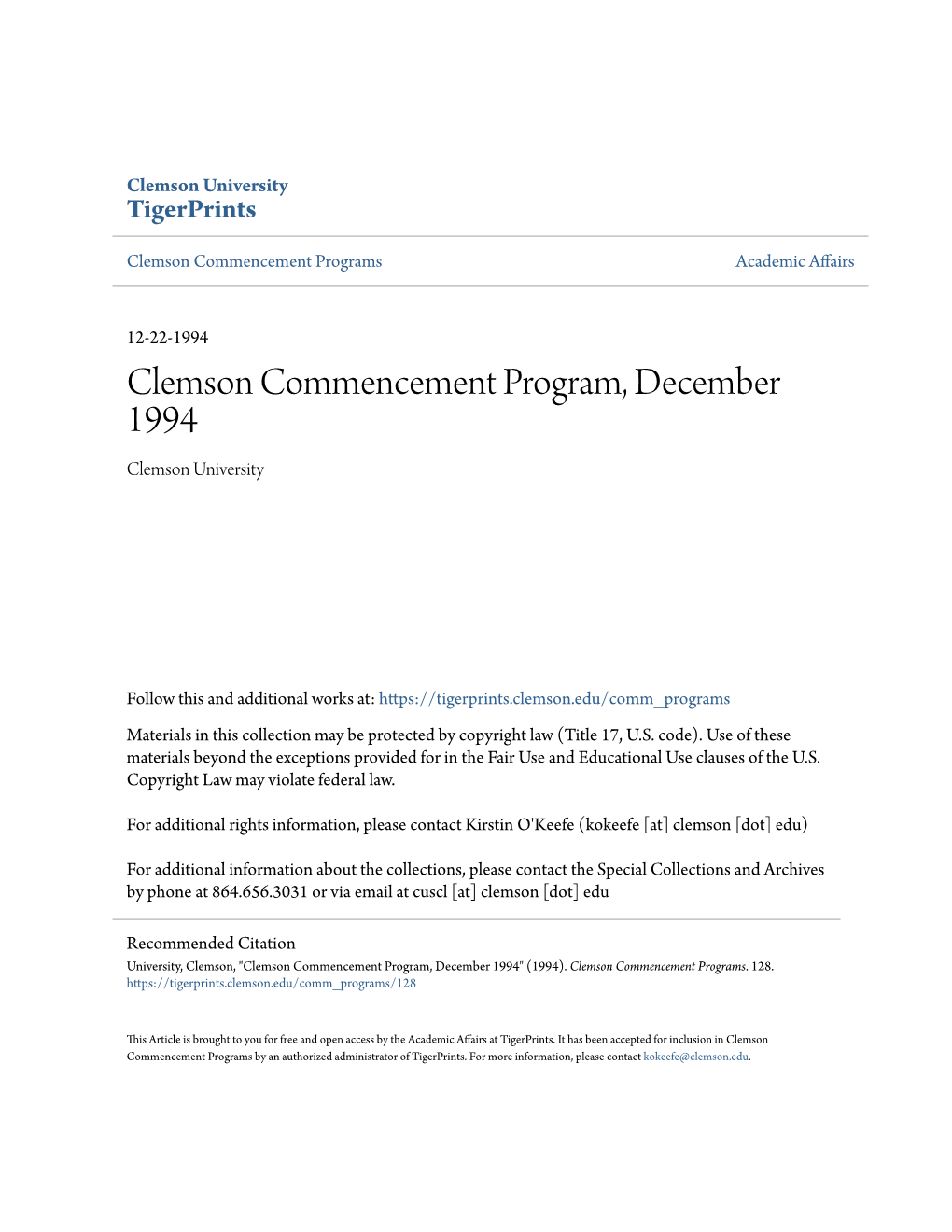 Clemson Commencement Program, December 1994 Clemson University