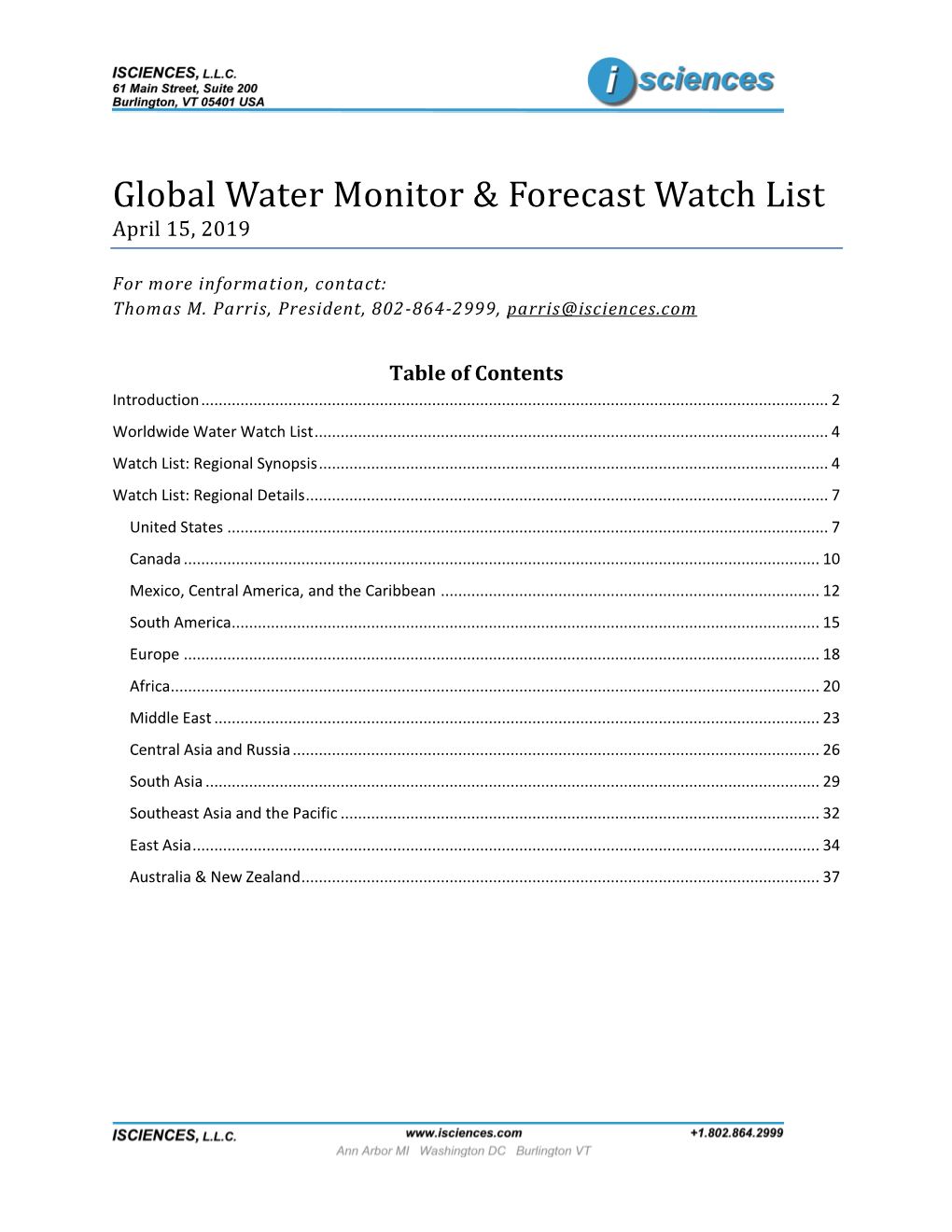 Isciences Global Water Monitor & Forecast Watch List April 2019