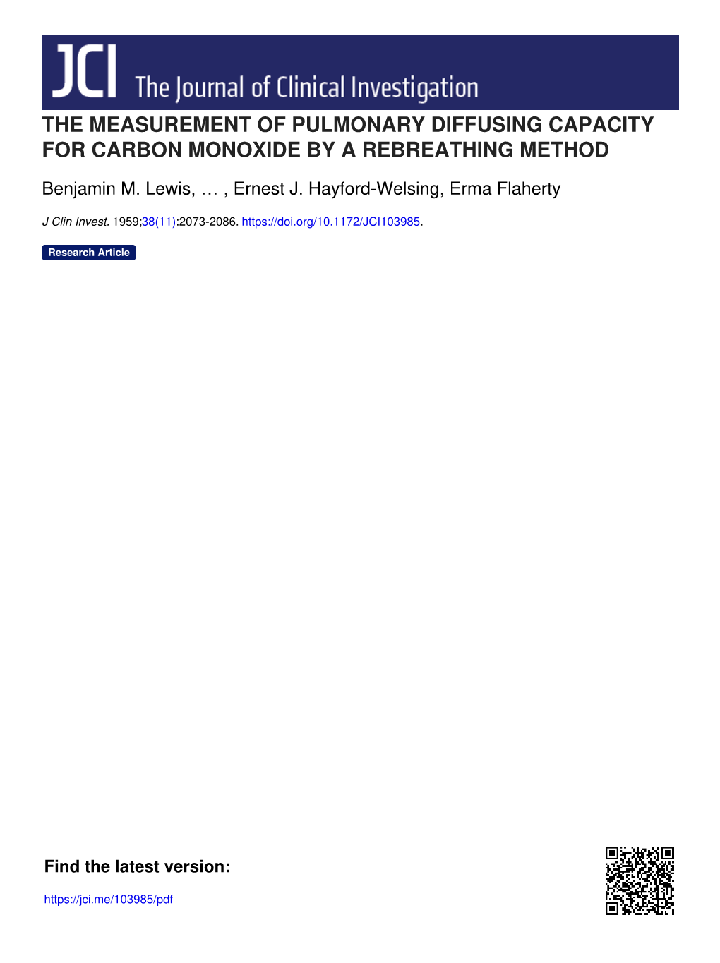 The Measurement of Pulmonary Diffusing Capacity for Carbon Monoxide by a Rebreathing Method