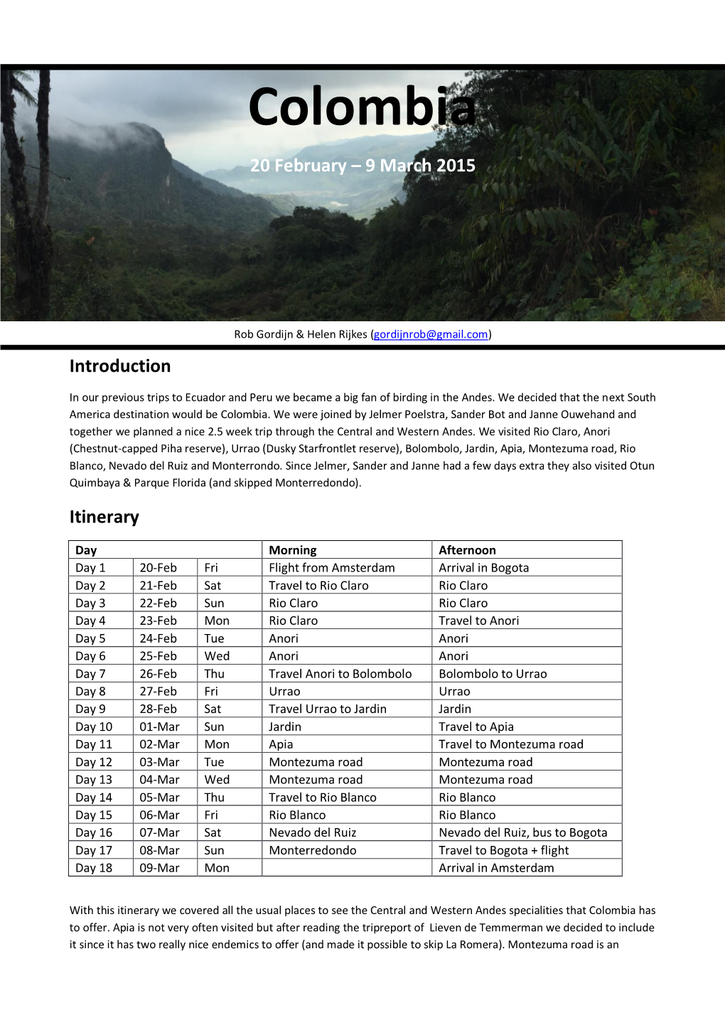 Colombia 20 February – 9 March 2015