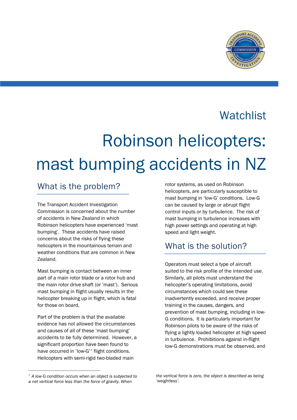 Robinson Helicopters: Mast Bumping Accidents in NZ