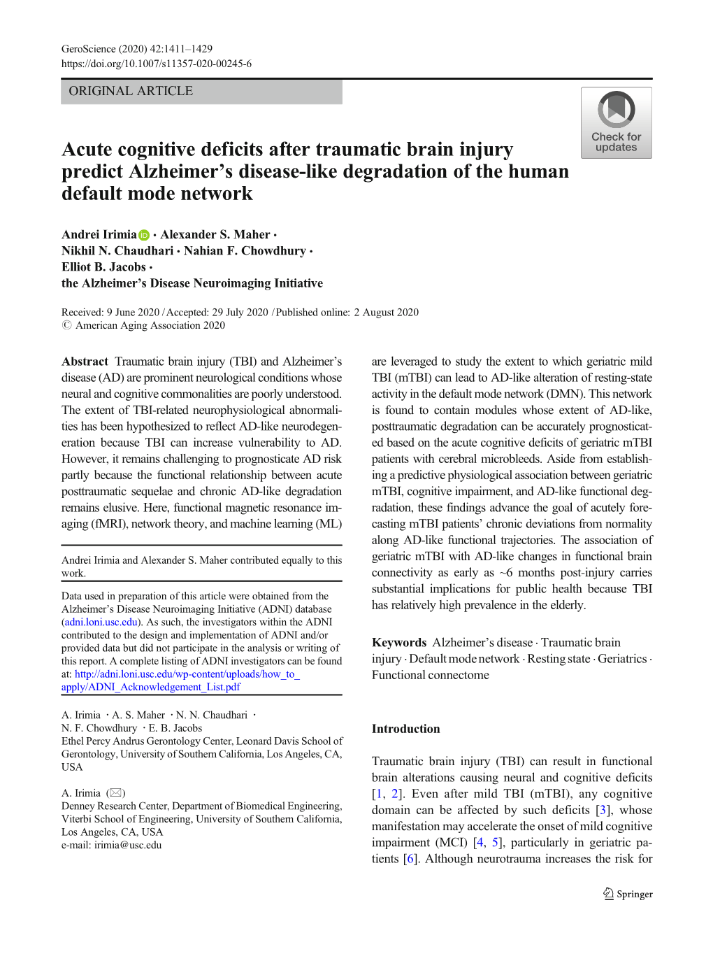 Acute Cognitive Deficits After Traumatic Brain Injury Predict Alzheimer's