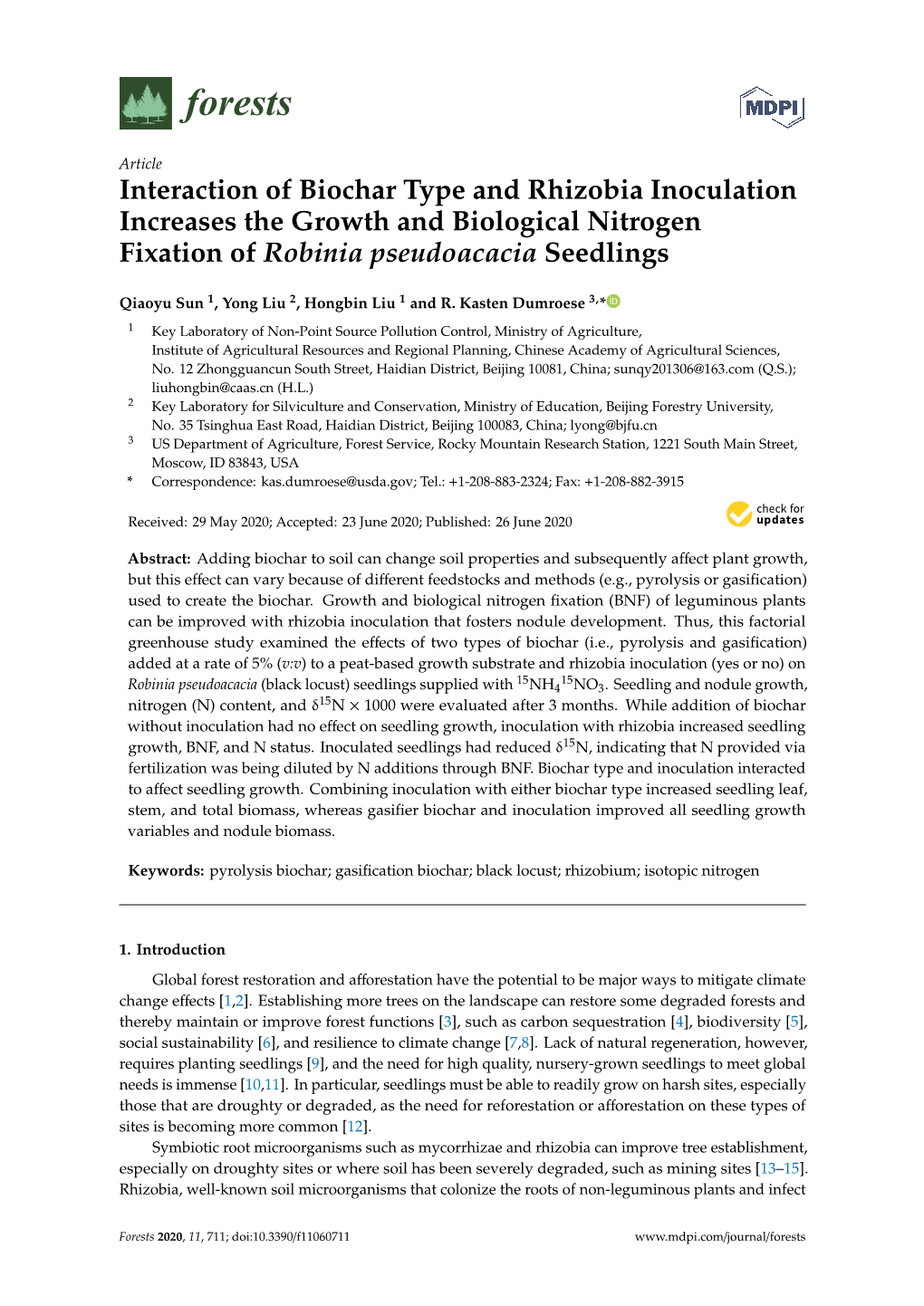 Interaction of Biochar Type and Rhizobia Inoculation Increases the Growth and Biological Nitrogen Fixation of Robinia Pseudoacacia Seedlings