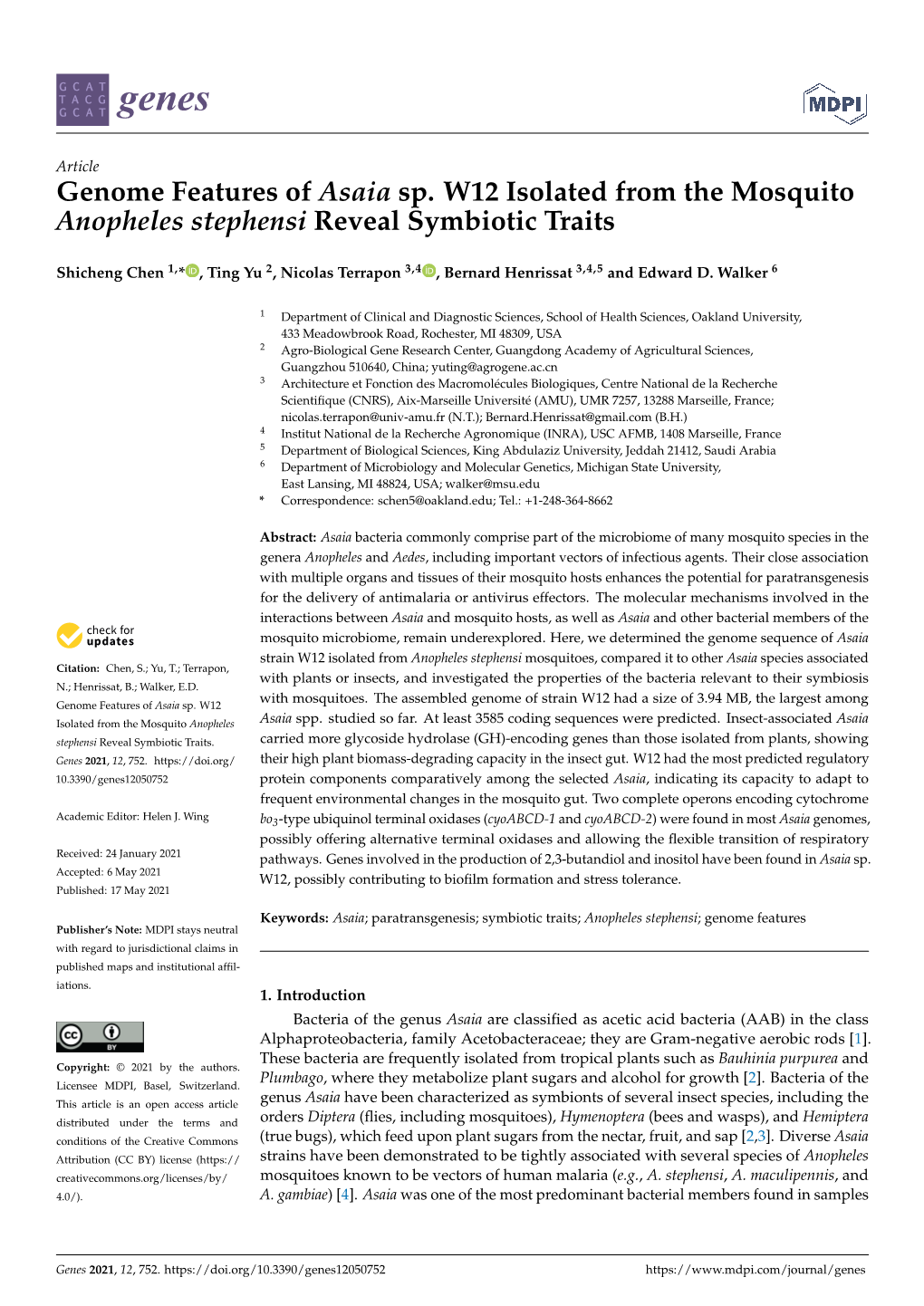 Genome Features of Asaia Sp. W12 Isolated from the Mosquito Anopheles Stephensi Reveal Symbiotic Traits