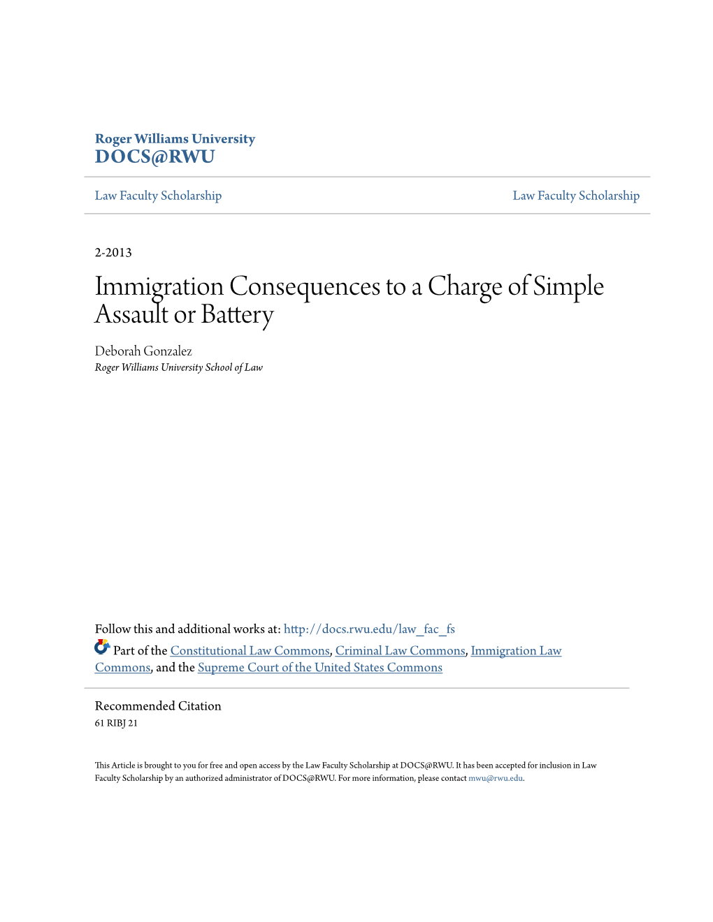 Immigration Consequences to a Charge of Simple Assault Or Battery Deborah Gonzalez Roger Williams University School of Law