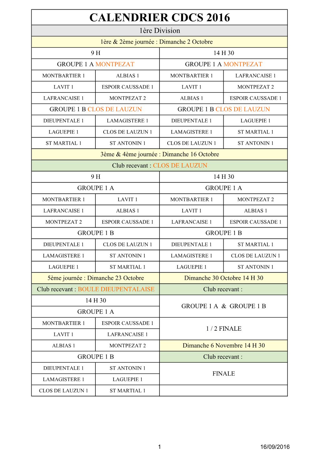 CALENDRIER CDCS 2016 1Ère Division 1Ère & 2Ème Journée : Dimanche 2 Octobre 9 H 14 H 30 GROUPE 1 a MONTPEZAT GROUPE 1 a MONTPEZAT