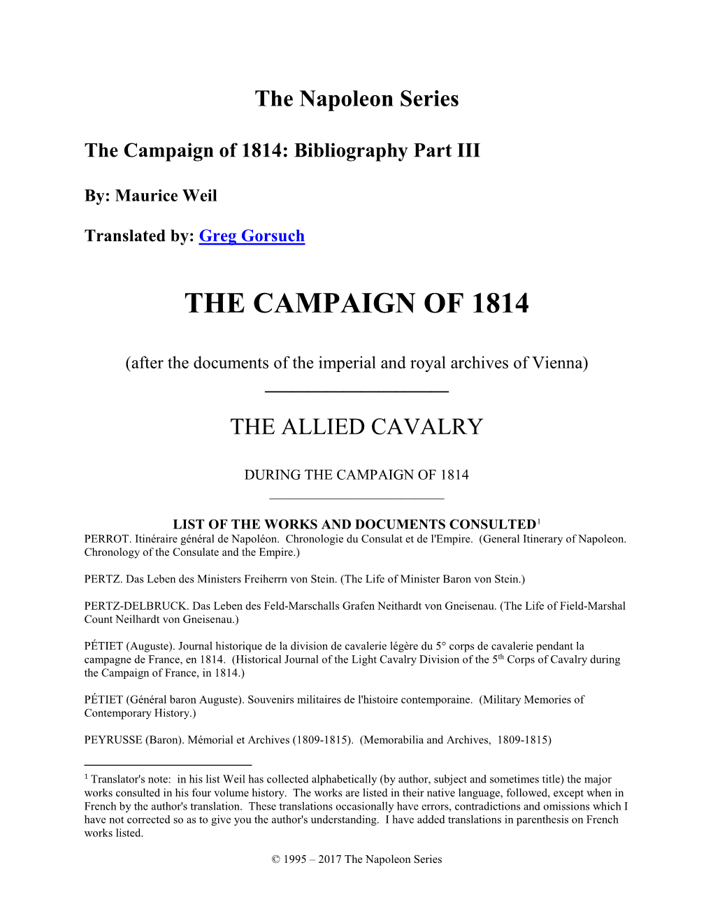 The Campaign of 1814: Bibliography Part III