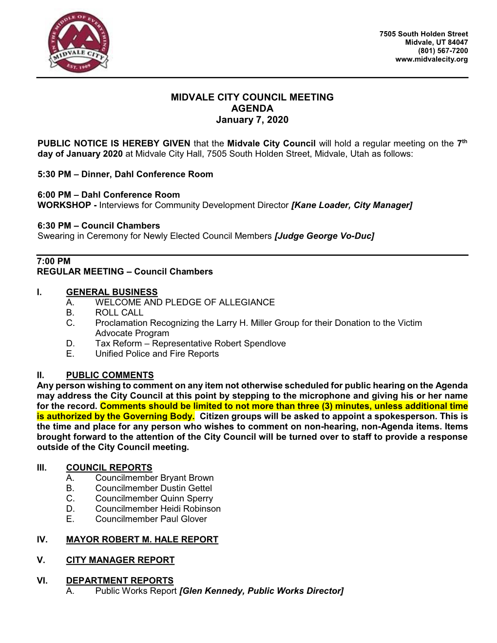 MIDVALE CITY COUNCIL MEETING AGENDA January 7, 2020