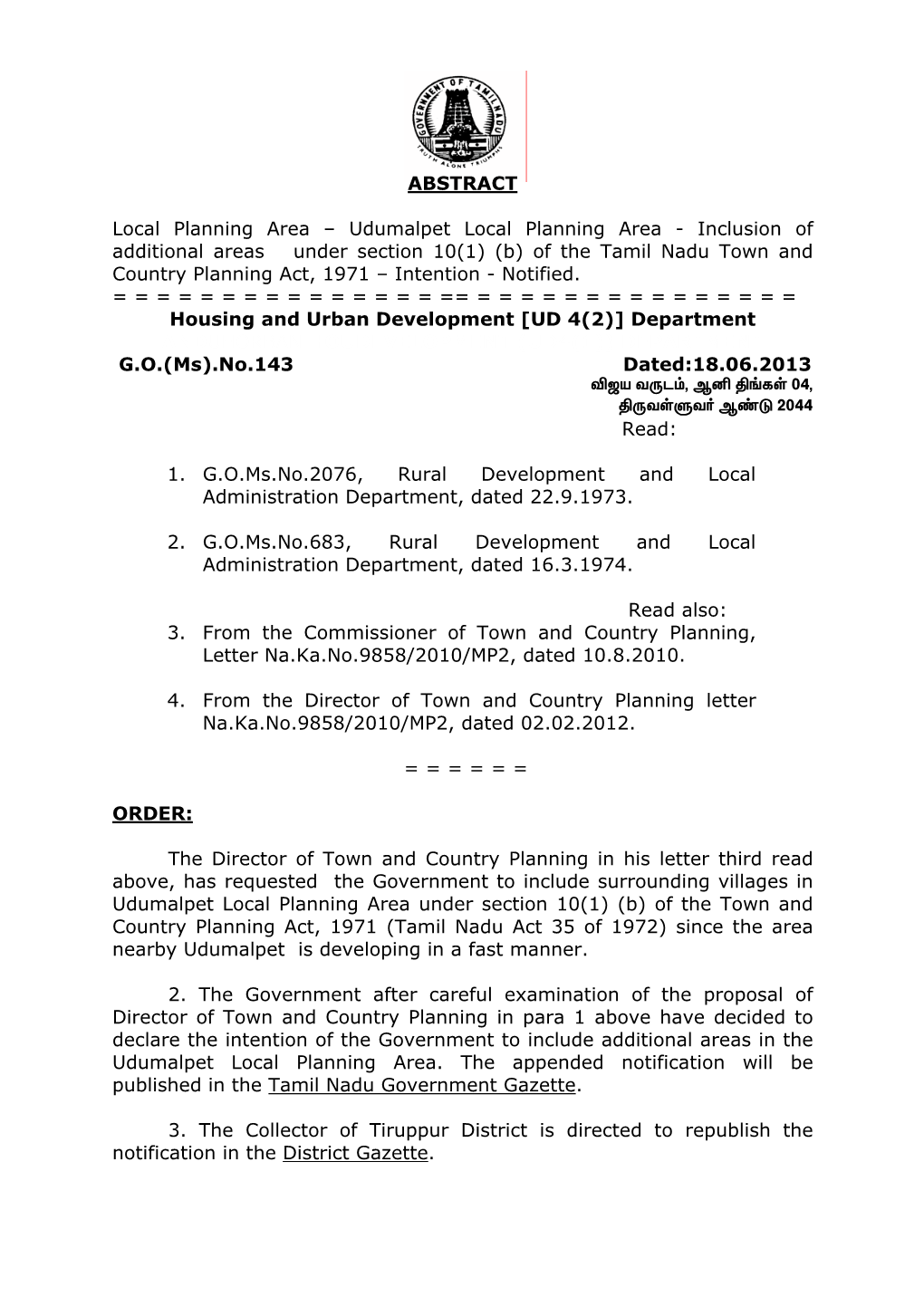 Udumalpet Local Planning Area - Inclusion of Additional Areas Under Section 10(1) (B) of the Tamil Nadu Town and Country Planning Act, 1971 – Intention - Notified