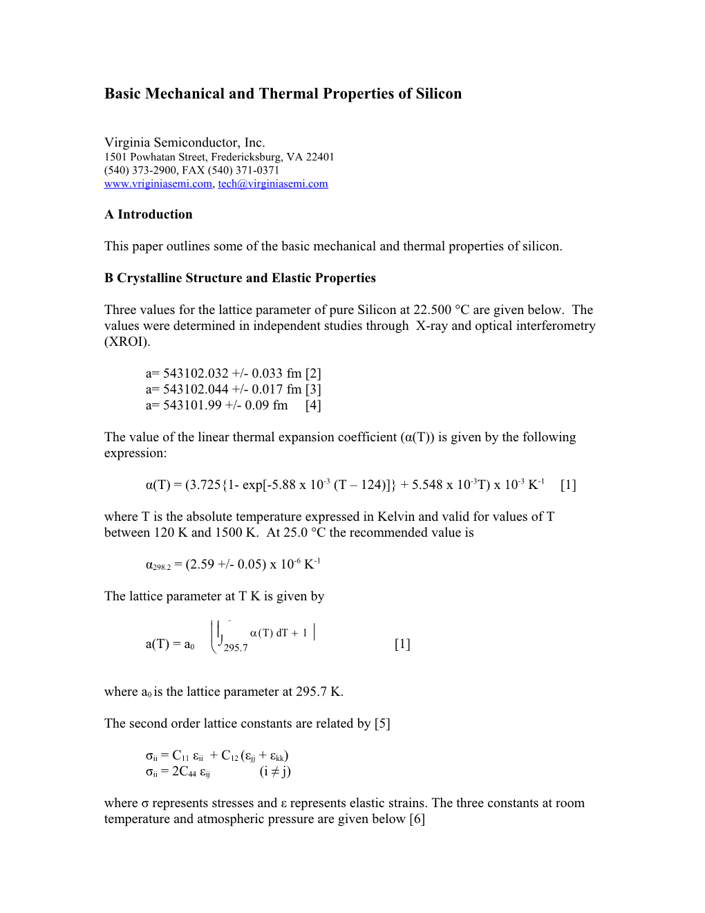 Basic Mechanical and Thermal Properties of Silicon