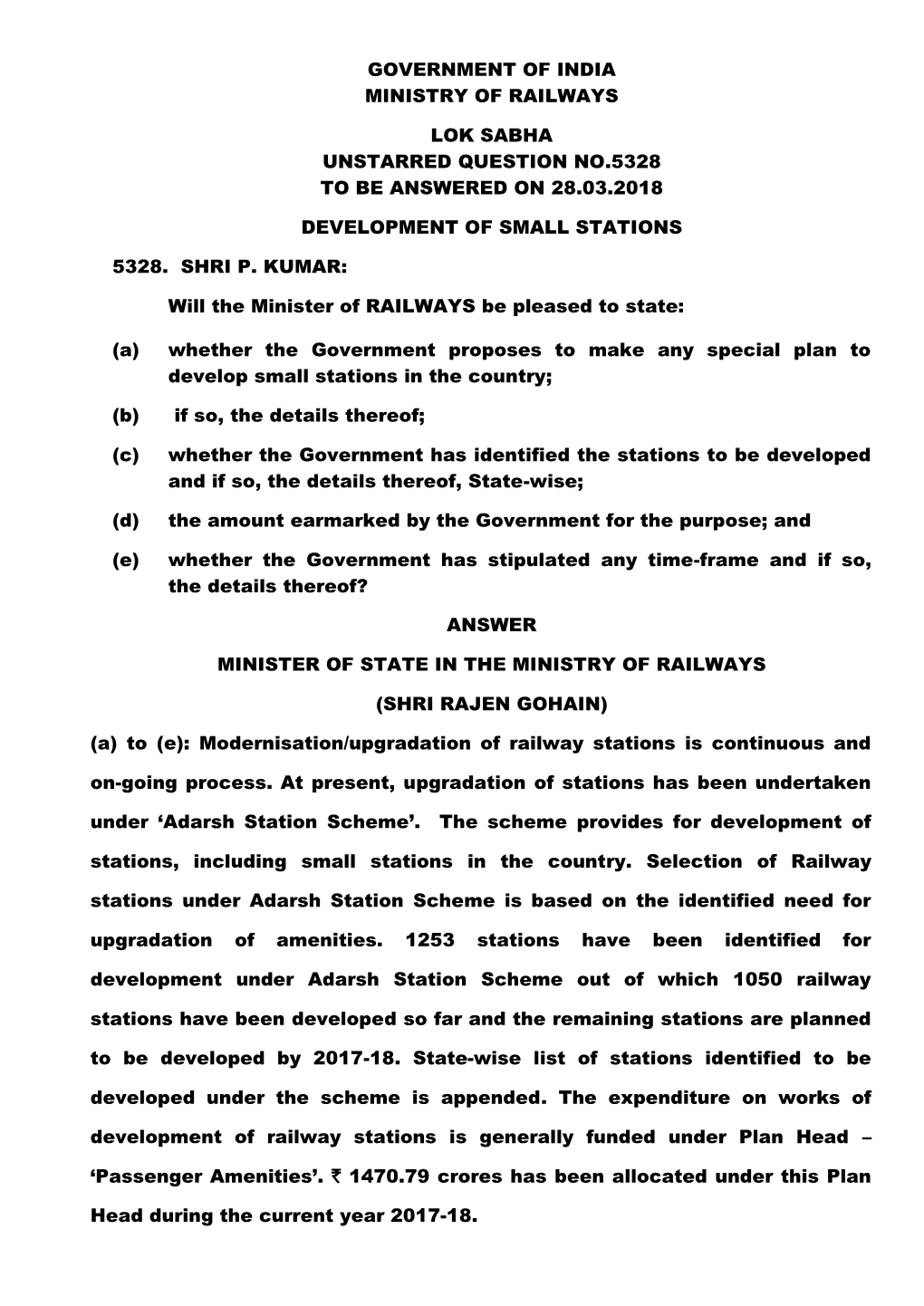 Government of India Ministry of Railways Lok Sabha