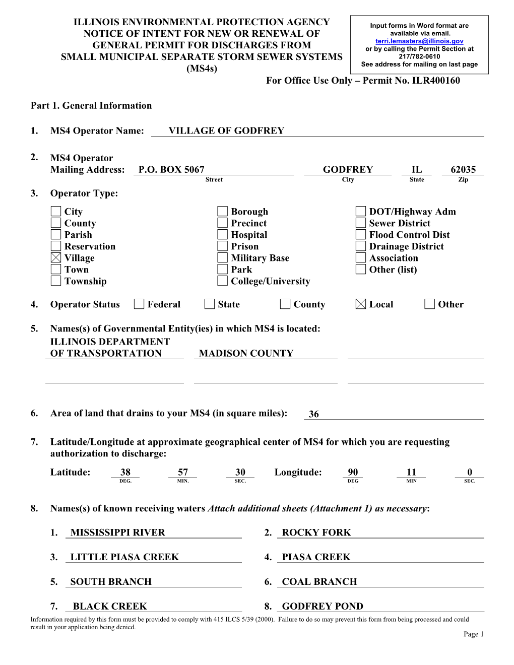 NOIS ENVIRONMENTAL PROTECTION AGENCY Input Forms in Word Format Are NOTICE of INTENT for NEW OR RENEWAL of Available Via Email