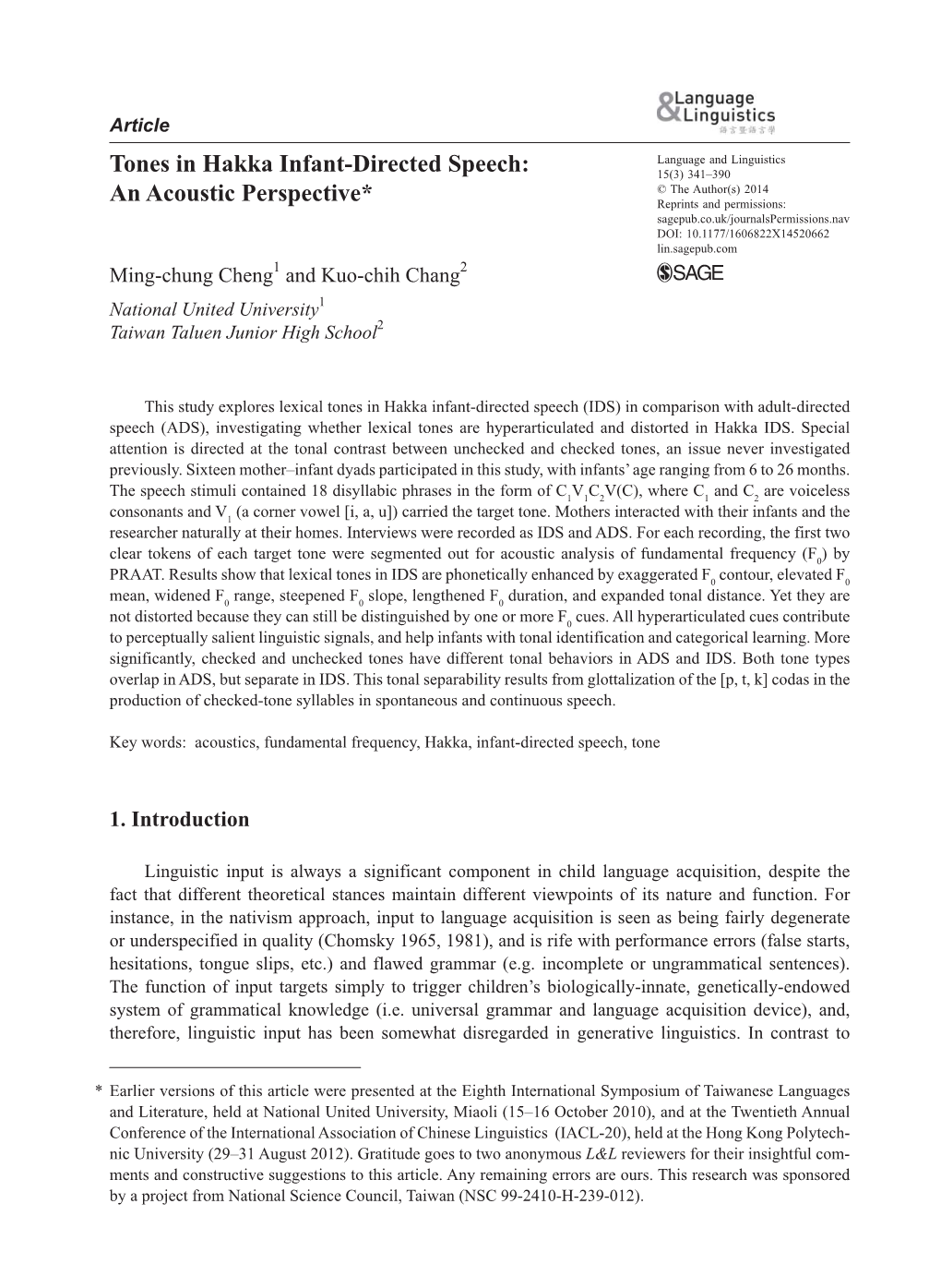 Tones in Hakka Infant-Directed Speech: an Acoustic Perspective*