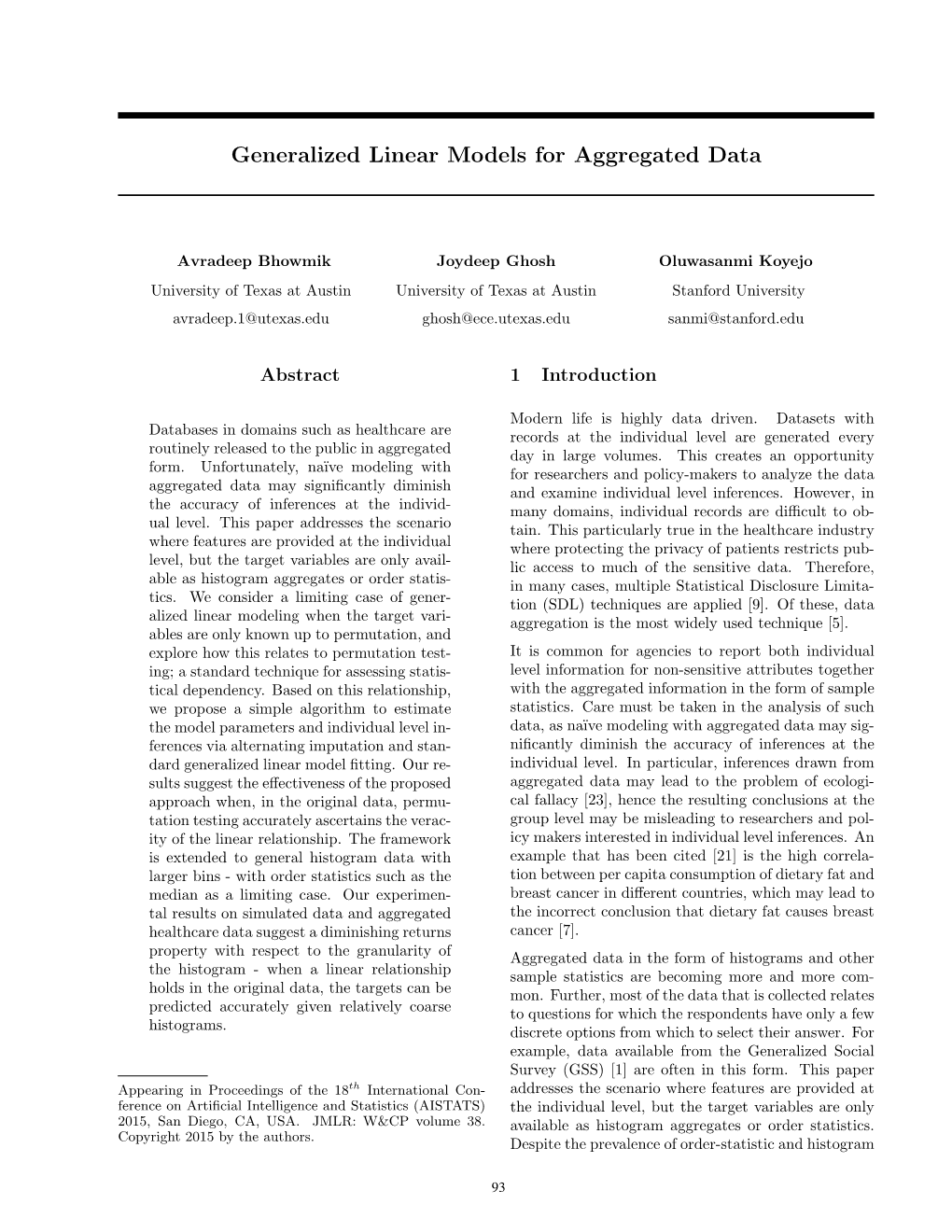 Generalized Linear Models for Aggregated Data