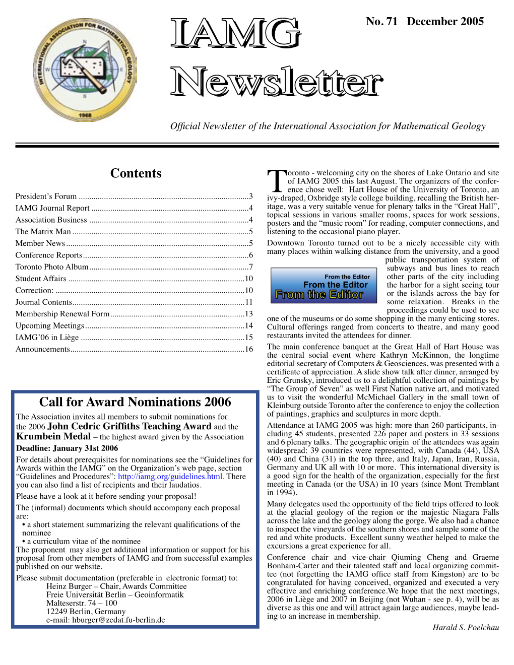 Newsletternewsletter Ofﬁcial Newsletter of the International Association for Mathematical Geology