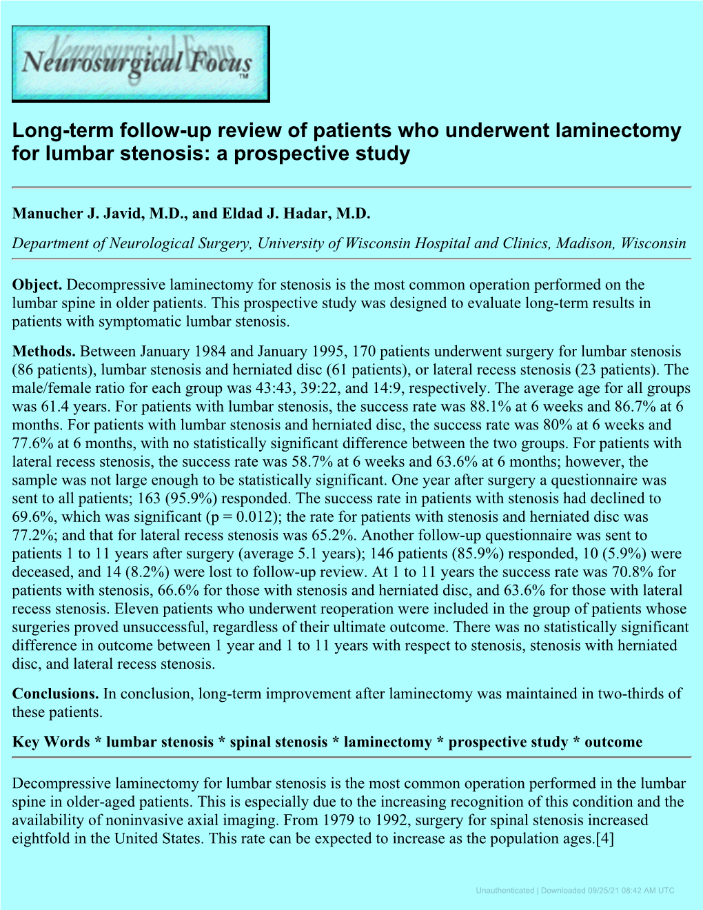 Long-Term Follow-Up Review of Patients Who Underwent Laminectomy for Lumbar Stenosis: a Prospective Study