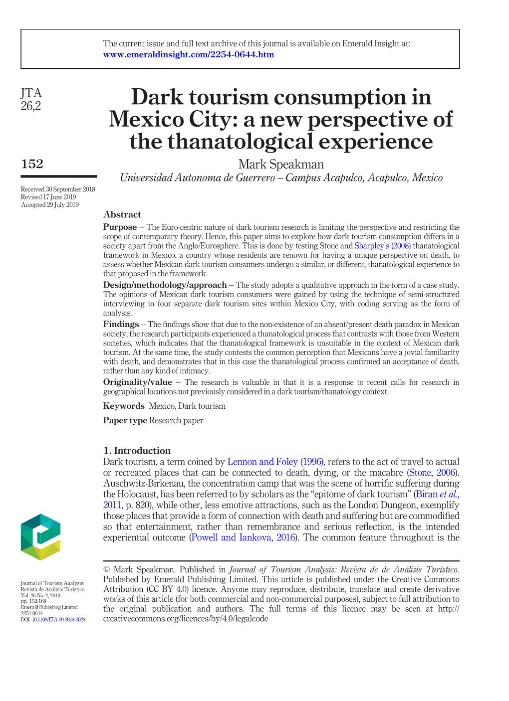 Dark Tourism Consumption in Mexico City: a New Perspective of The
