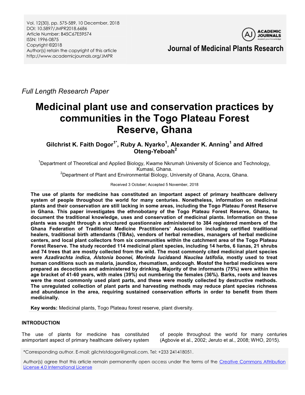 Medicinal Plant Use and Conservation Practices by Communities in the Togo Plateau Forest Reserve, Ghana