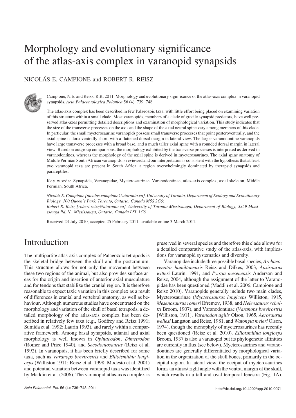 Morphology and Evolutionary Significance of the Atlas−Axis Complex in Varanopid Synapsids