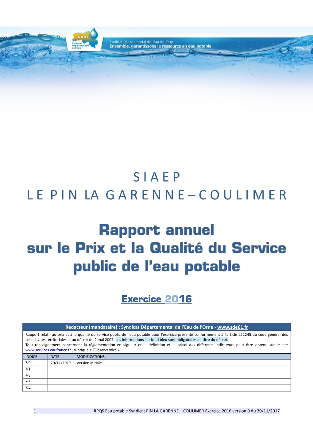 Rapport Annuel Sur Le Prix Et La Qualité Du Service Public D'eau Potable