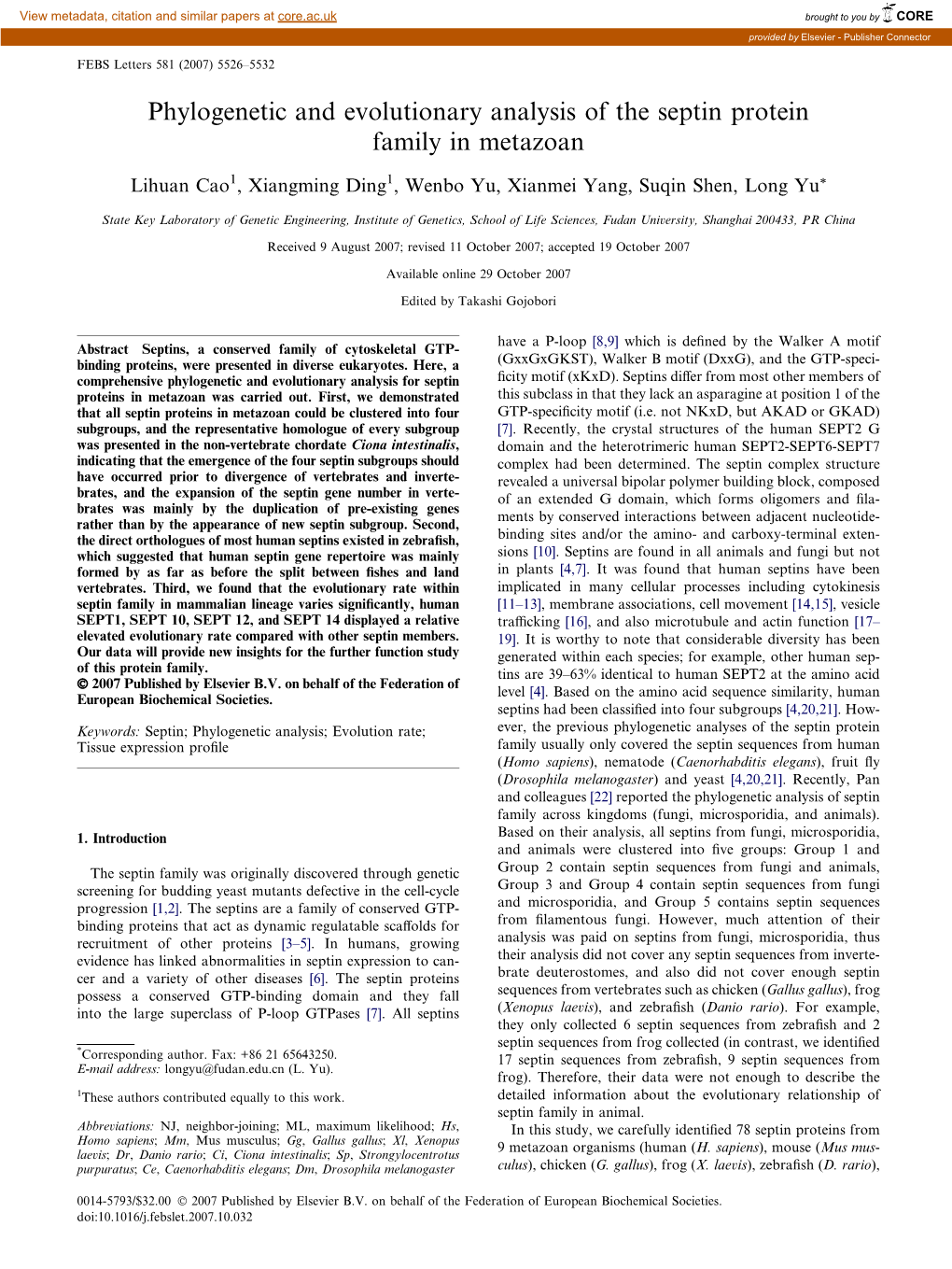 Phylogenetic and Evolutionary Analysis of the Septin Protein Family in Metazoan