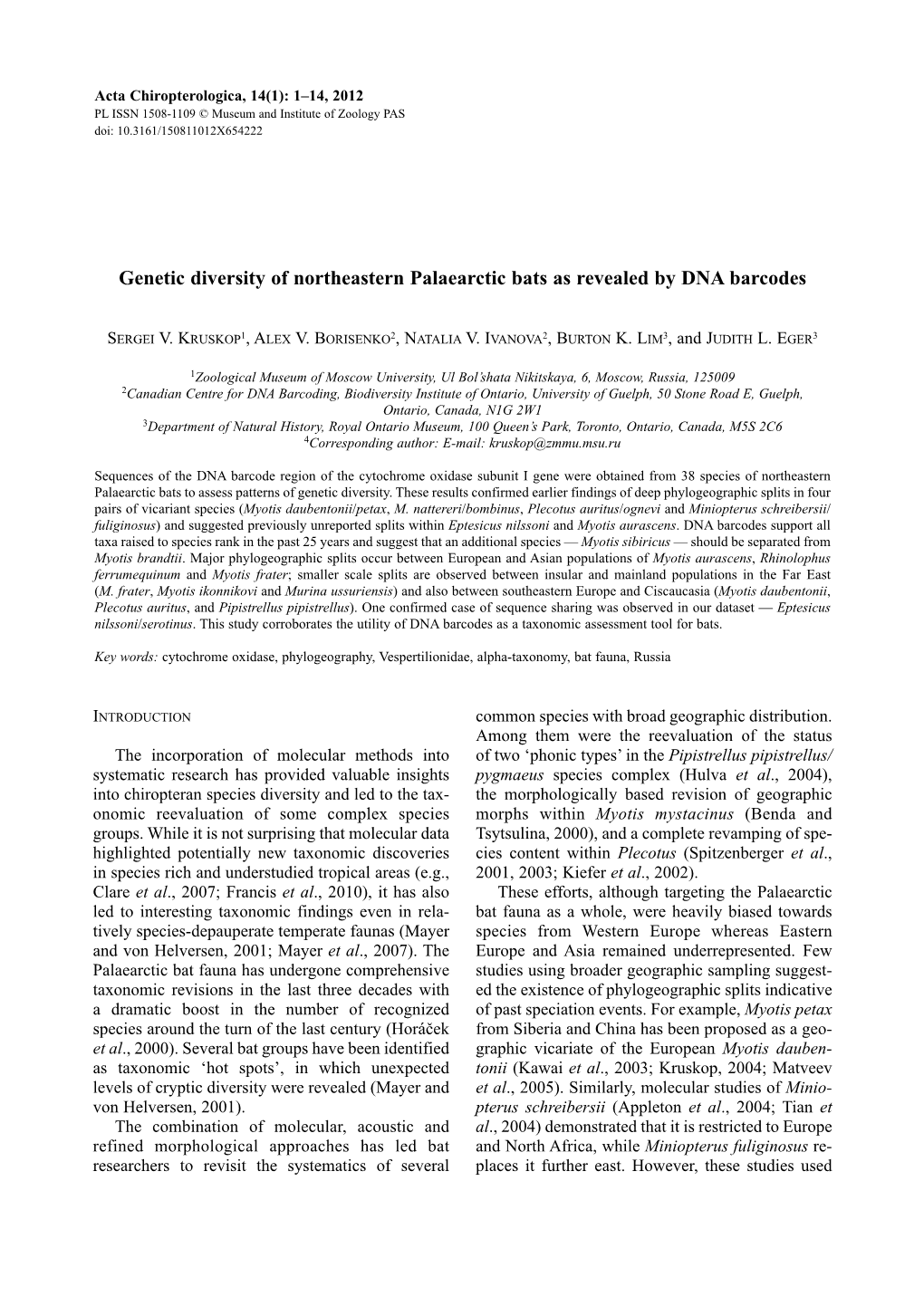 Genetic Diversity of Northeastern Palaearctic Bats As Revealed by DNA Barcodes