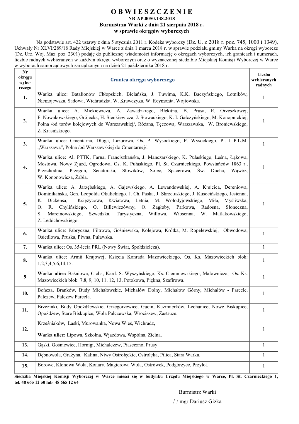 Obwieszczenie Nr AP.0050.138.2018 Burmistrza Warki Z Dnia 21