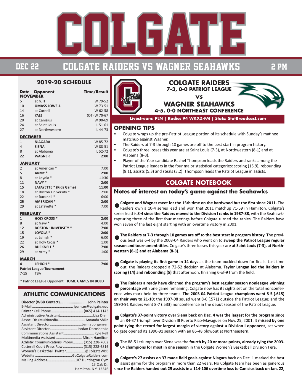 Colgate Raiders Vs Wagner Seahawks 2 PM