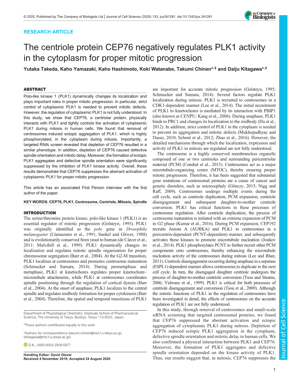 The Centriole Protein CEP76 Negatively Regulates PLK1 Activity in the Cytoplasm for Proper Mitotic Progression