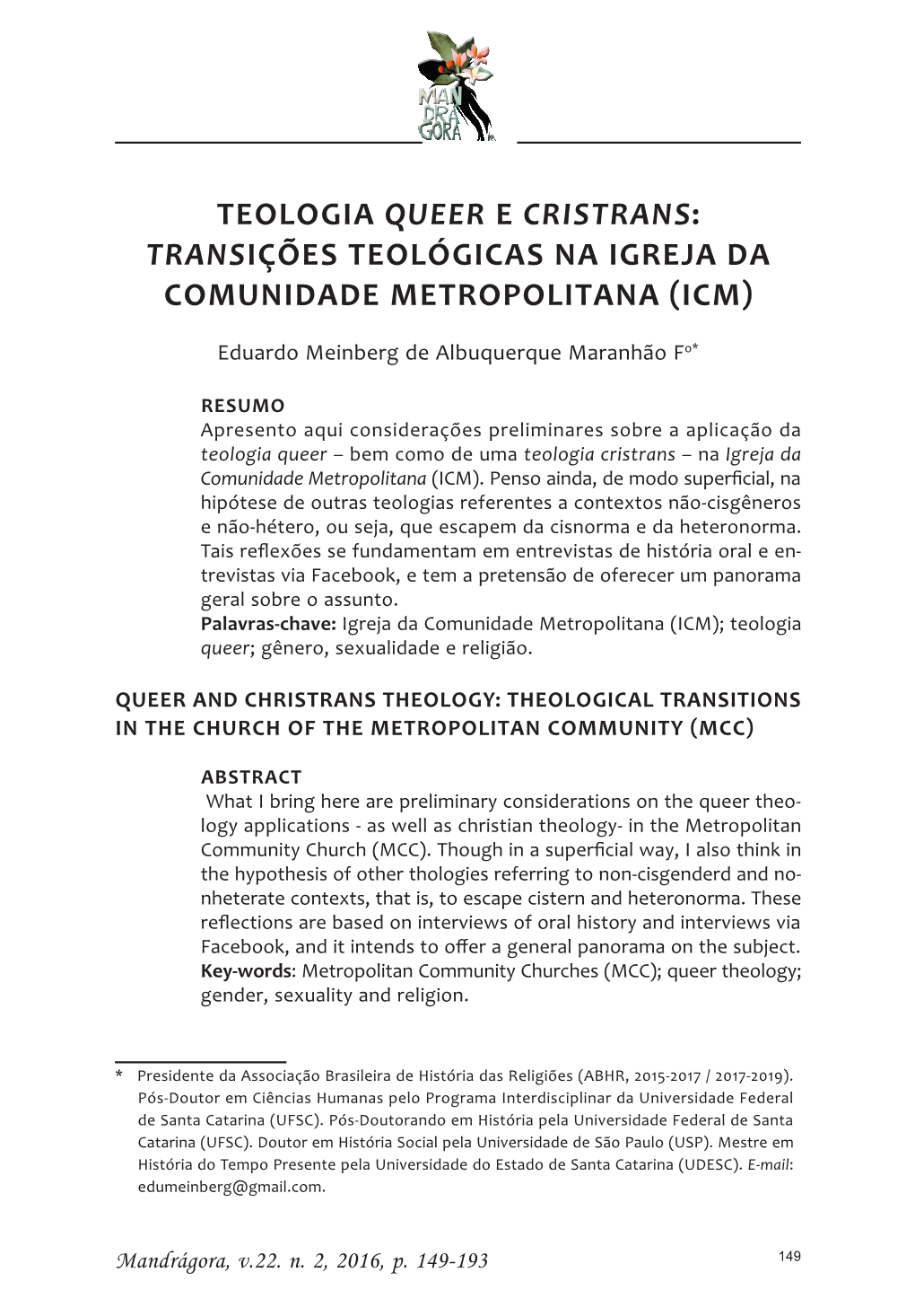 Teologia Queer E Cristrans: Transições Teológicas Na Igreja Da Comunidade Metropolitana (ICM)