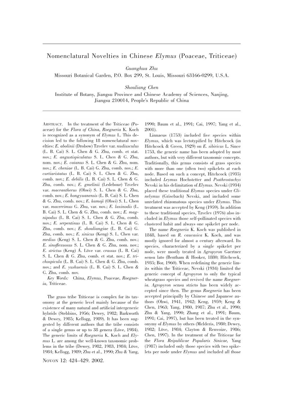 Nomenclatural Novelties in Chinese Elymus (Poaceae, Triticeae)