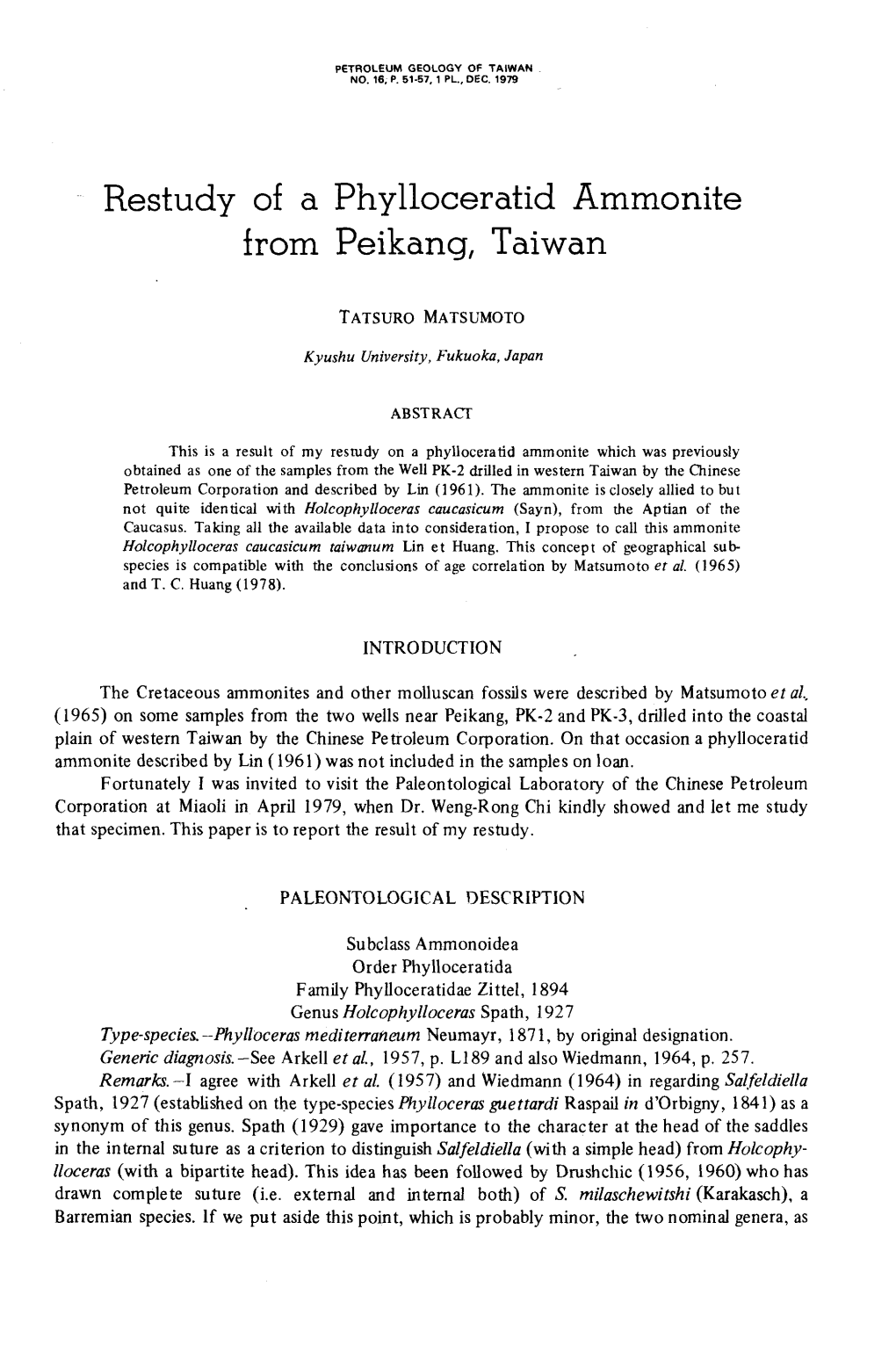 Restudy of a Phylloceratid Ammonite from Peikang, Taiwan