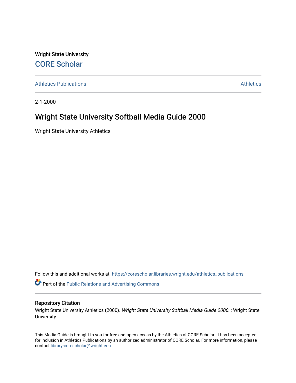Wright State University Softball Media Guide 2000