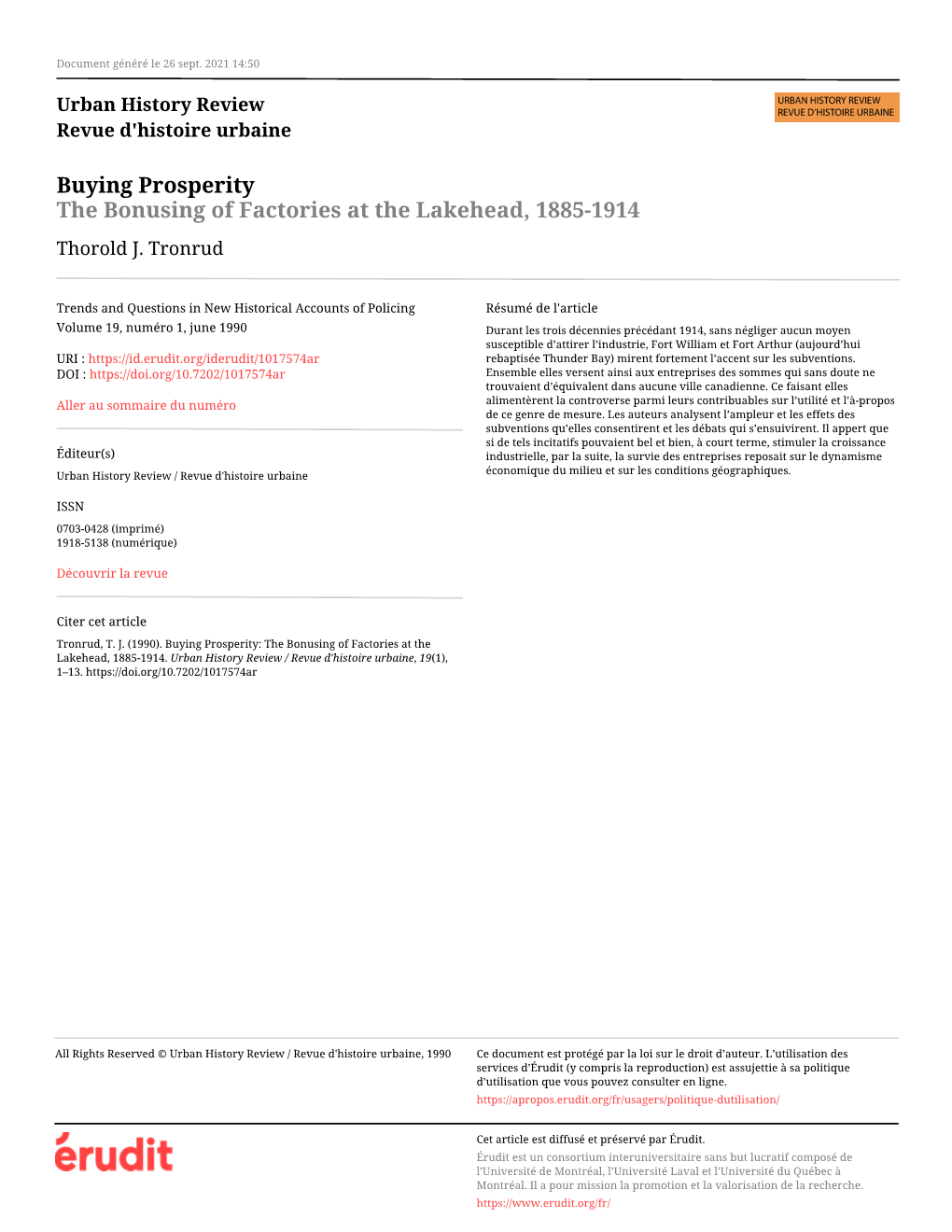 The Bonusing of Factories at the Lakehead, 1885-1914 Thorold J