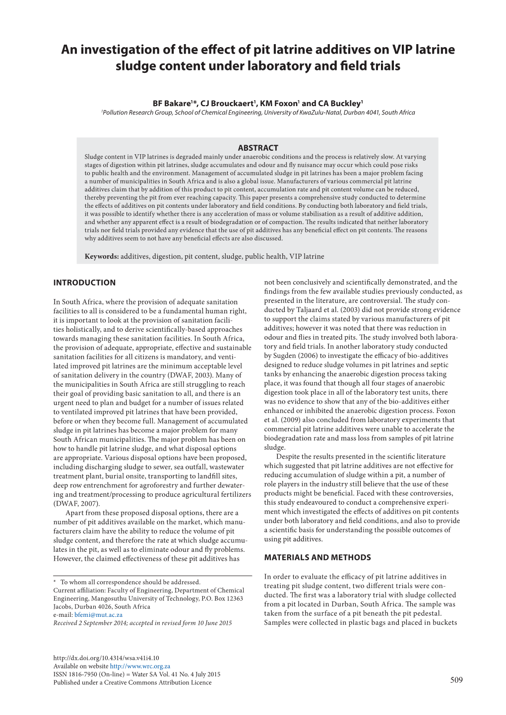 An Investigation of the Effect of Pit Latrine Additives on VIP Latrine Sludge Content Under Laboratory and Field Trials