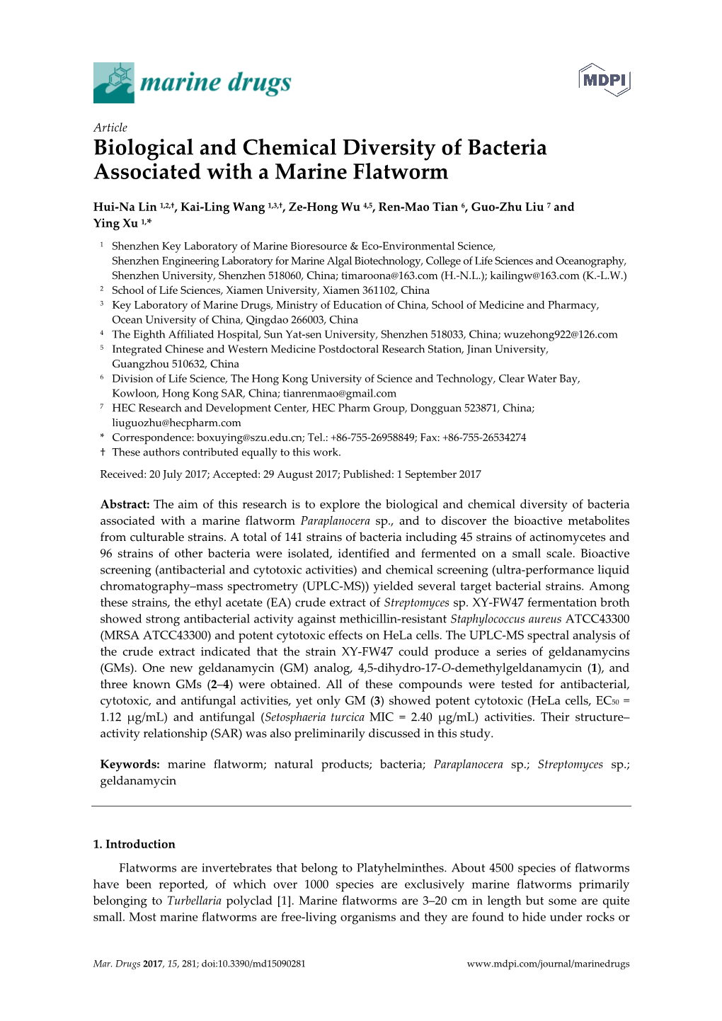 Biological and Chemical Diversity of Bacteria Associated with a Marine Flatworm