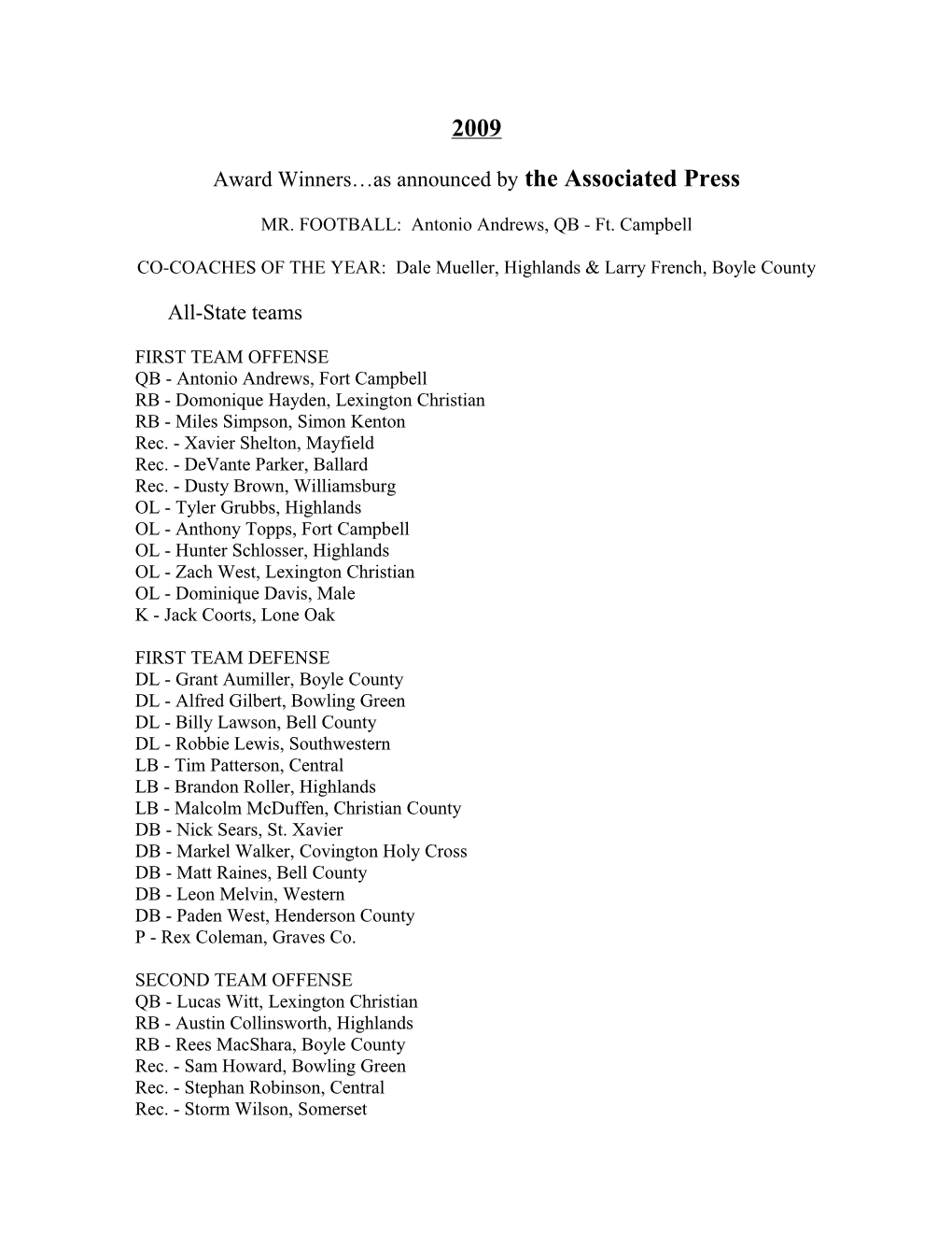 Award Winners As Announced by the Associated Press